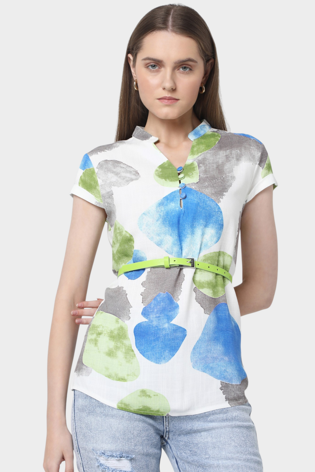 Abstract Watercolor Print Belted Top