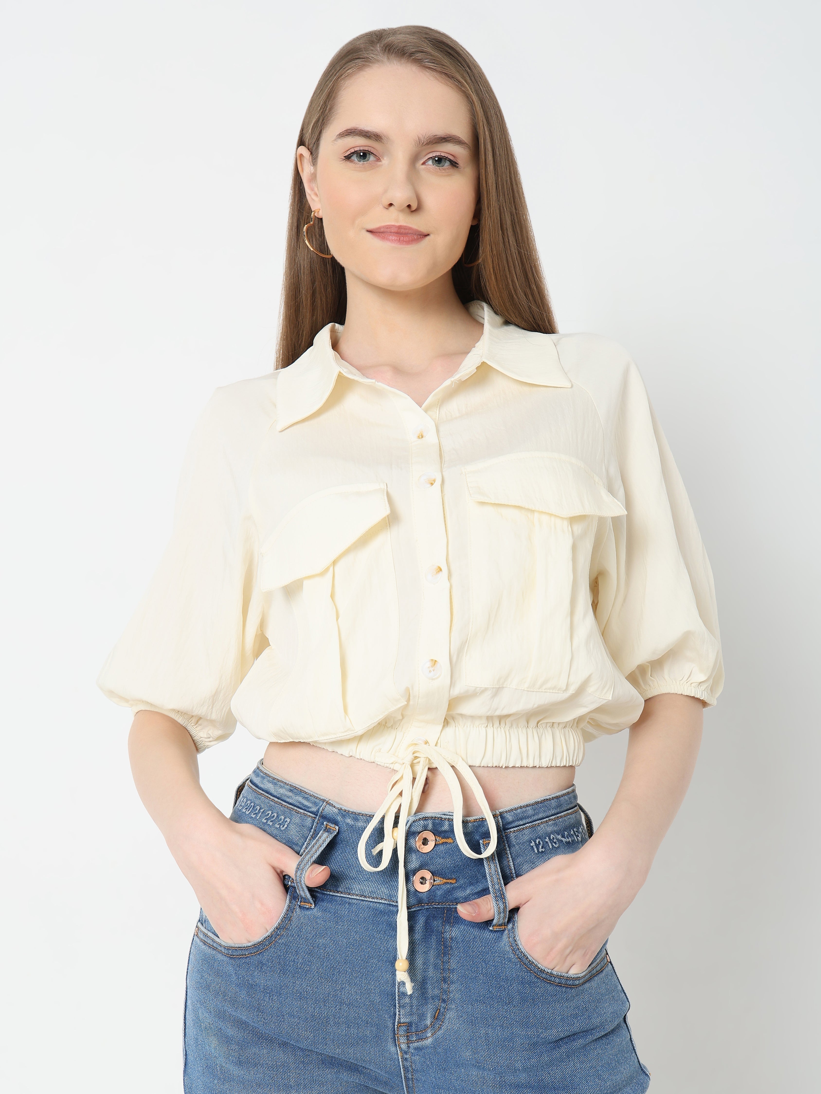 Balloon Sleeve Drawstring Hem Shirt