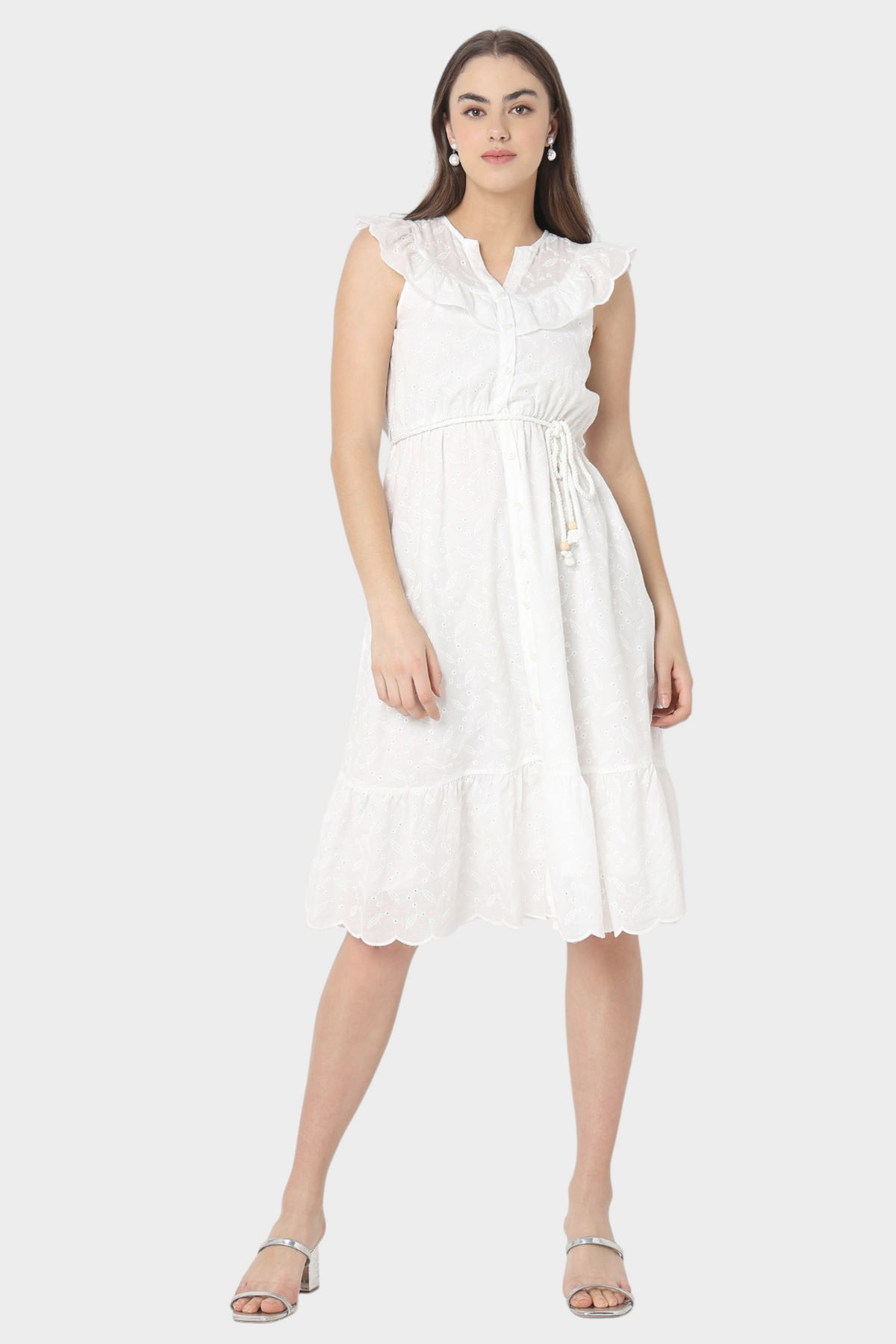 Eyelet Ruffle Collar Tie-Waist Dress