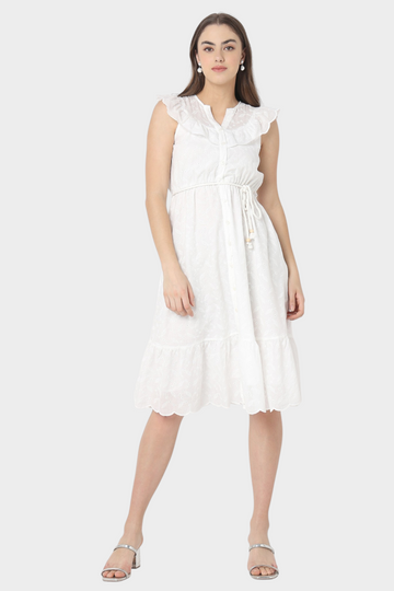 Eyelet Ruffle Collar Tie-Waist Dress