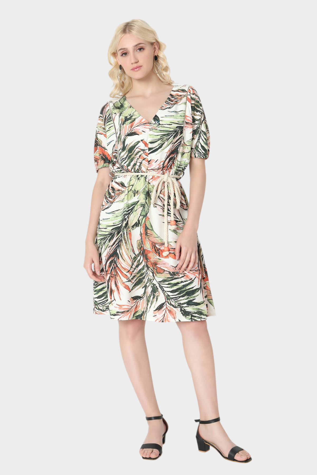 Tropical Leaf Print Rope-Tie Dress