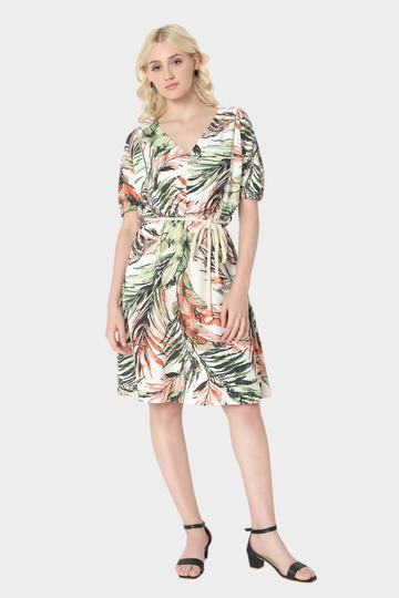 Tropical Leaf Print Rope-Tie Dress