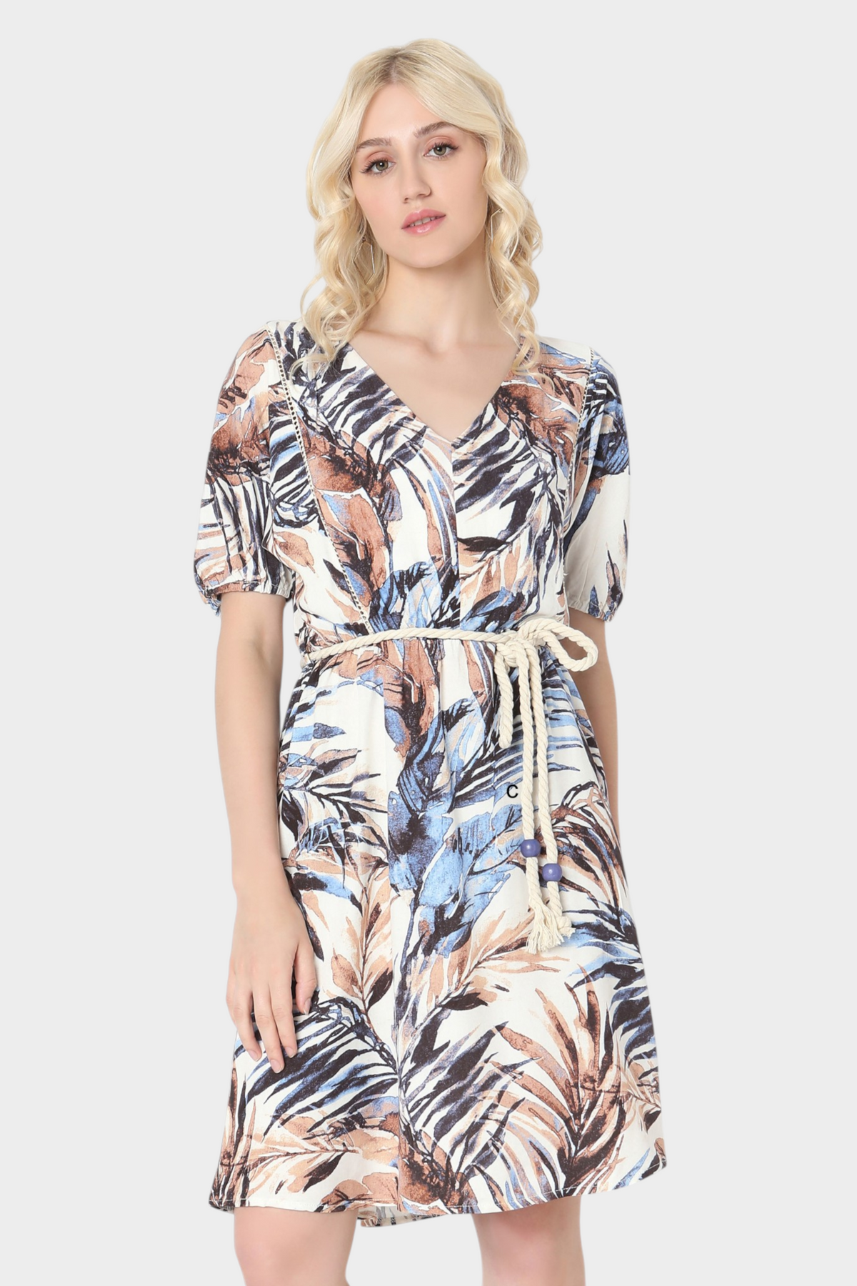 Tropical Leaf Print Rope-Tie Dress