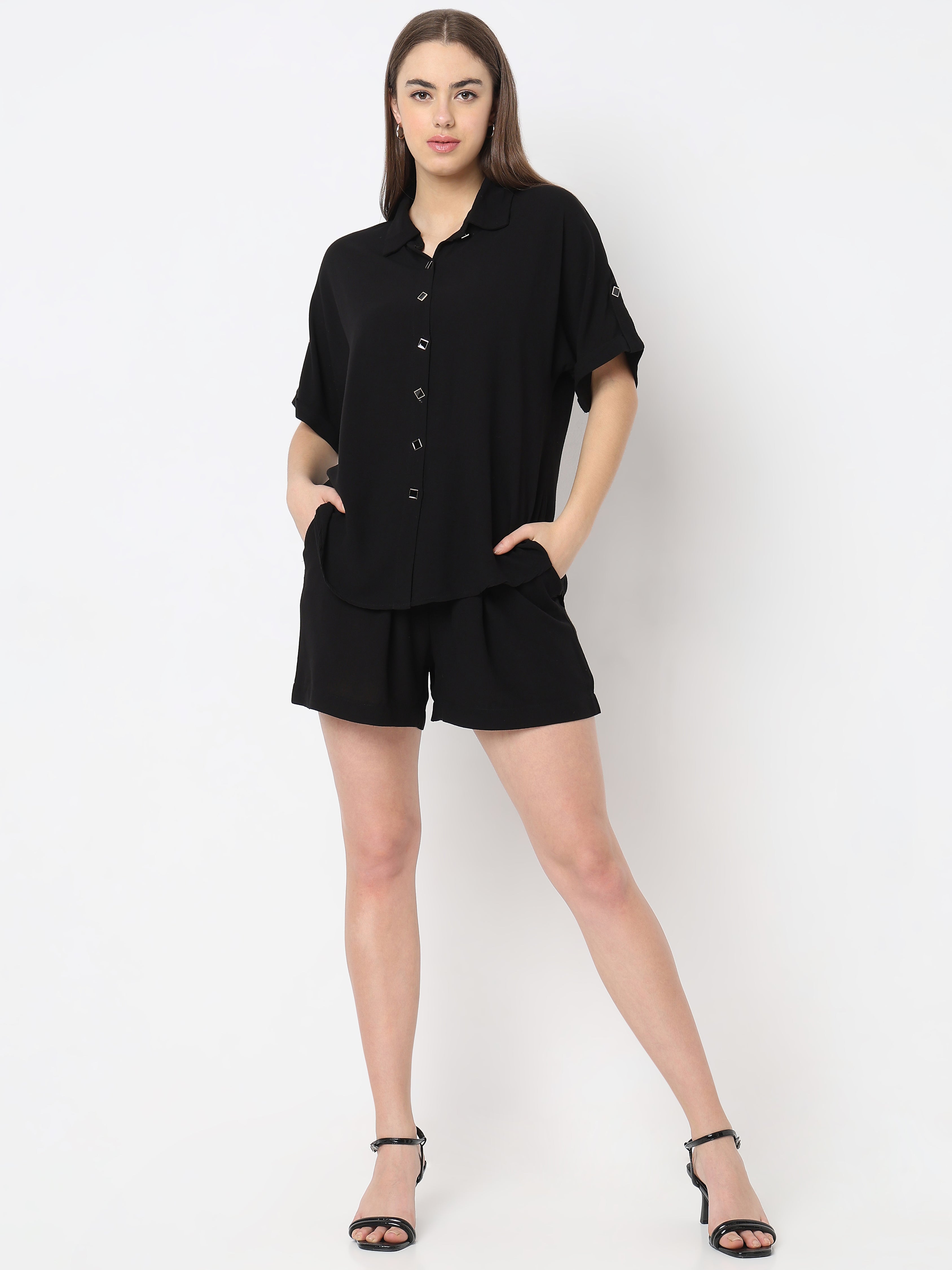Women’s Co-ord Set – Solid Button-Down Top with Shorts
