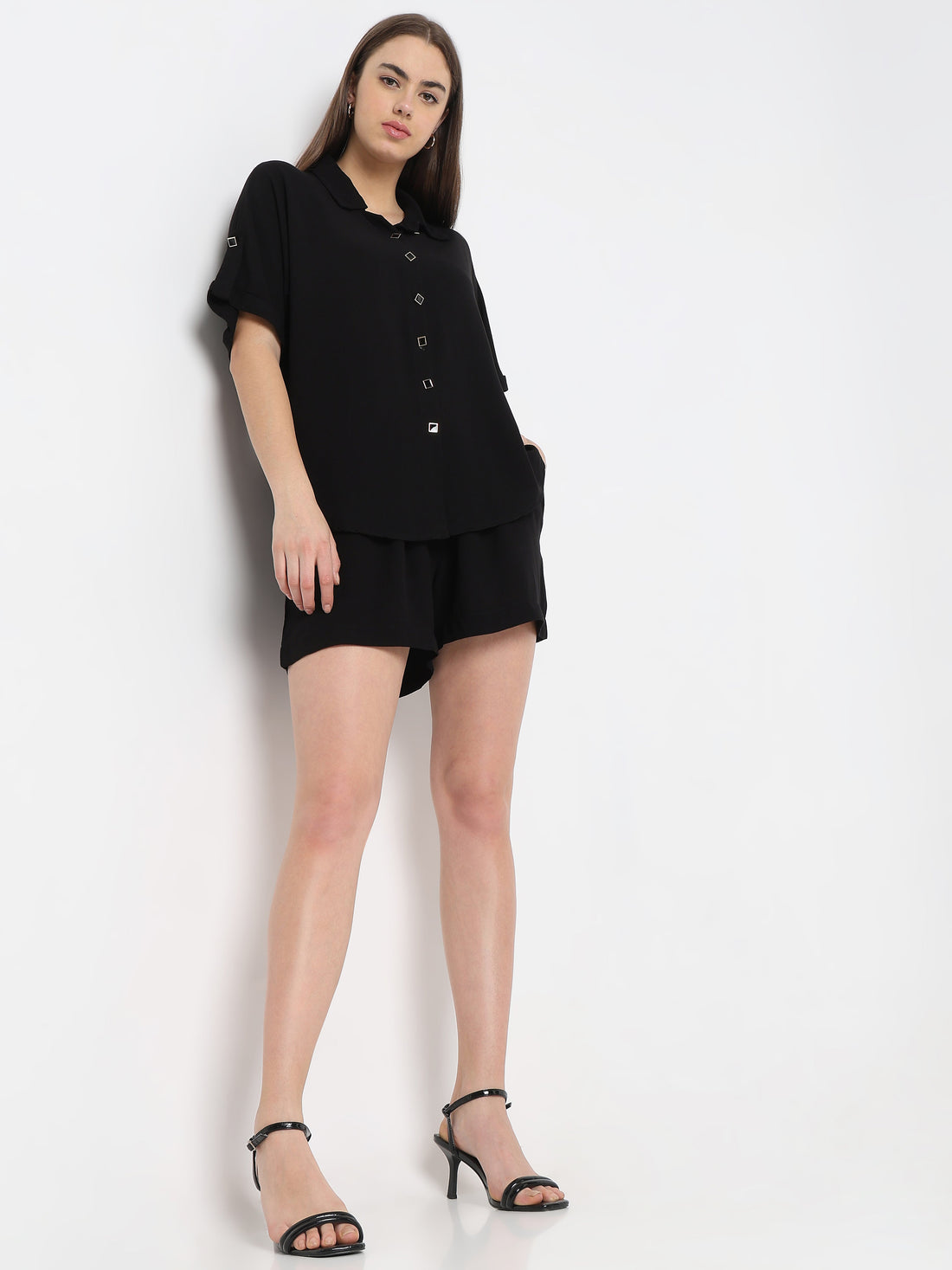 Women’s Co-ord Set – Solid Button-Down Top with Shorts