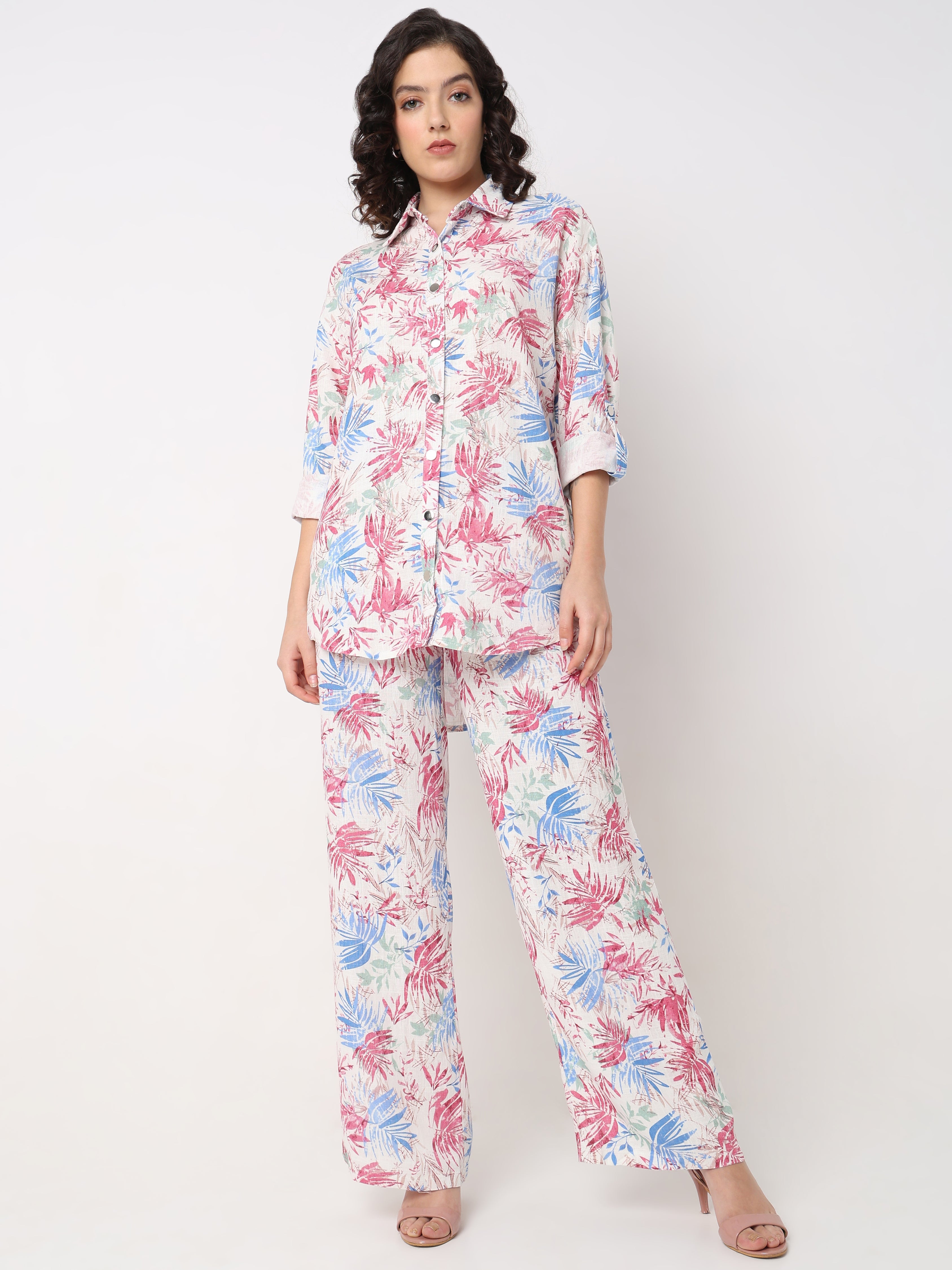 Women’s Floral Printed Co-ord Set – Shirt Top with Wide Leg Pants