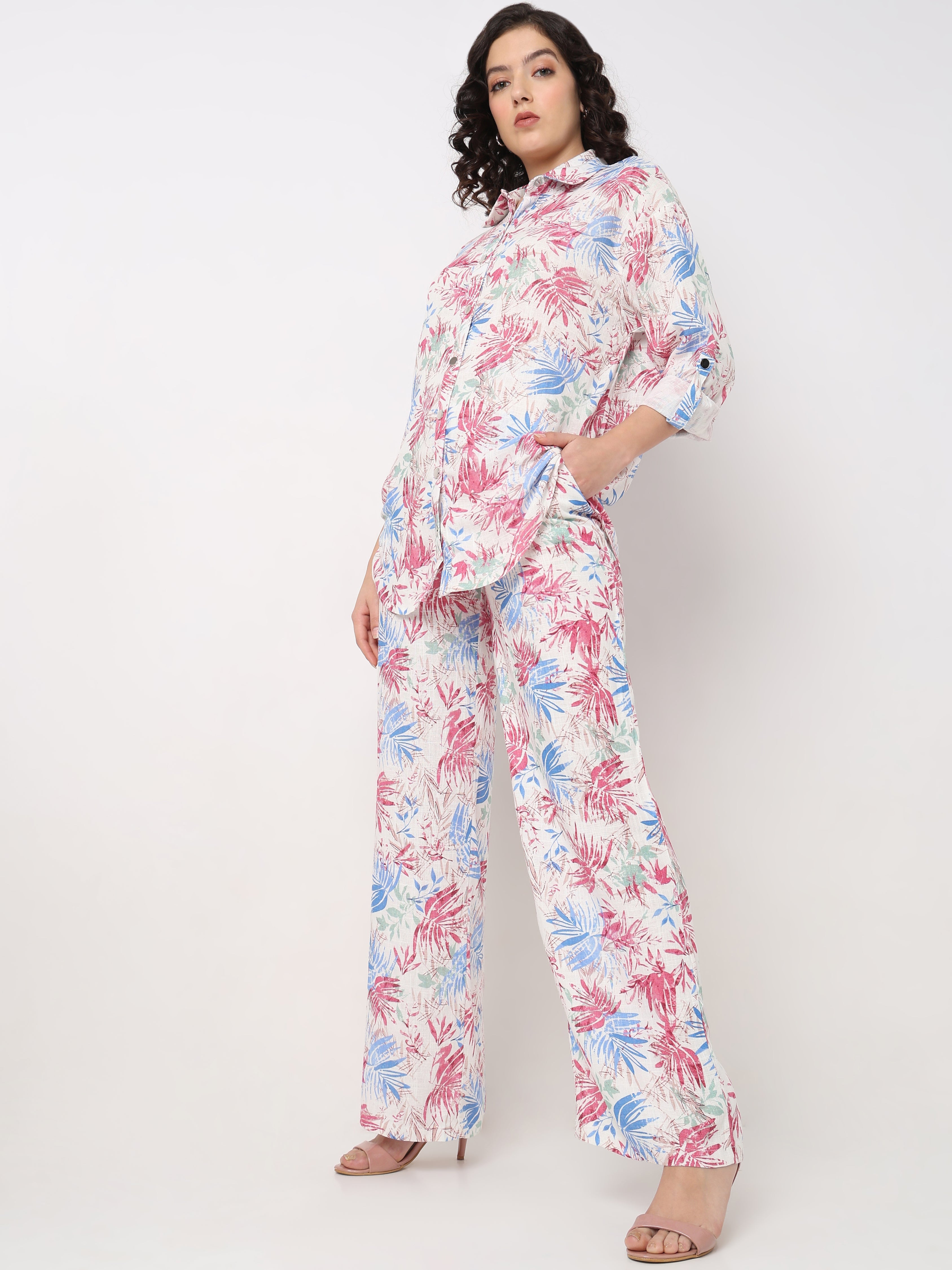 Women’s Floral Printed Co-ord Set – Shirt Top with Wide Leg Pants