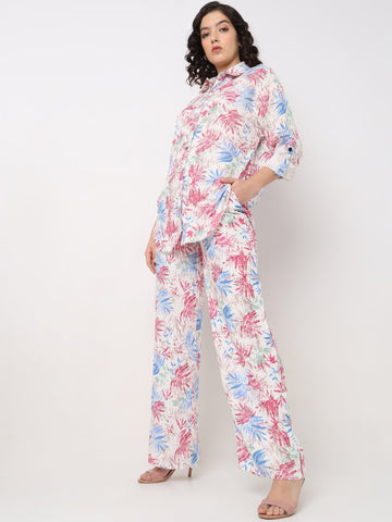 Women’s Floral Printed Co-ord Set – Shirt Top with Wide Leg Pants
