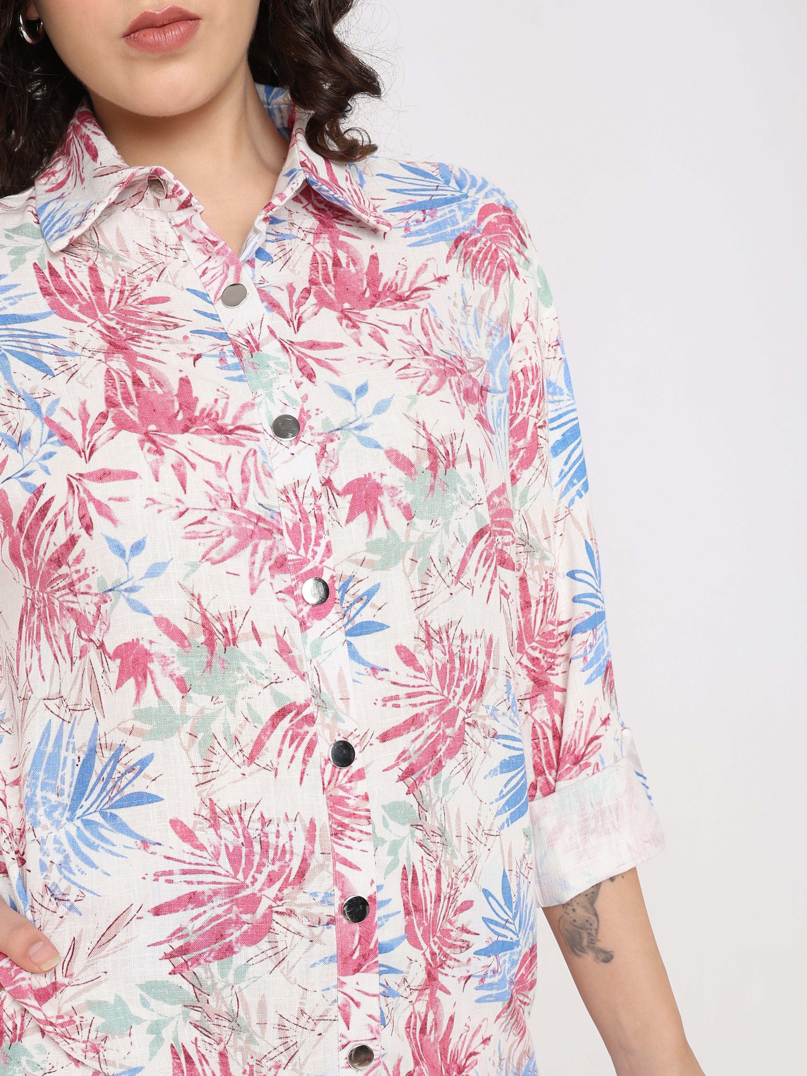 Women’s Floral Printed Co-ord Set – Shirt Top with Wide Leg Pants
