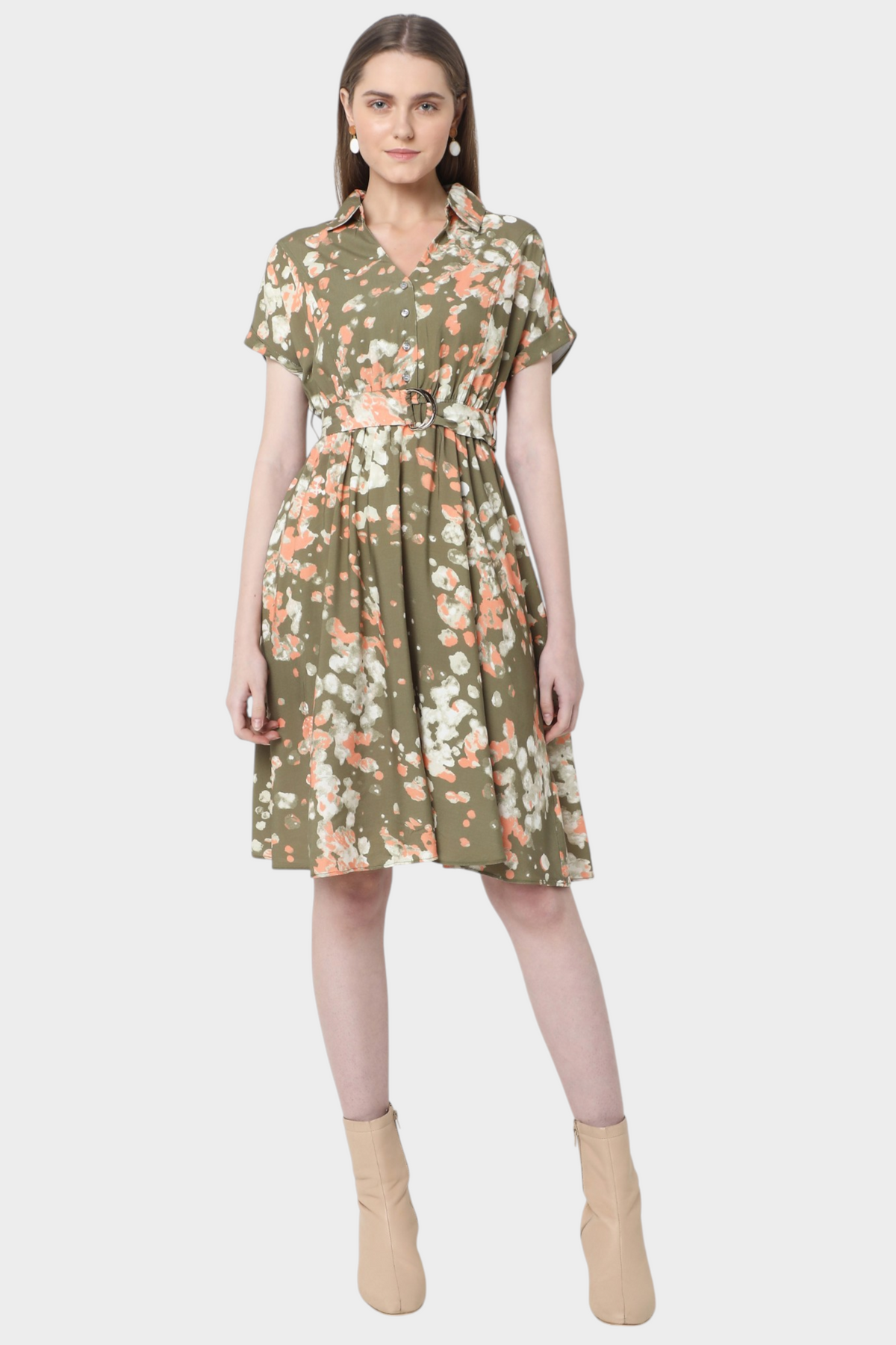 Olive Green Floral Midi Dress