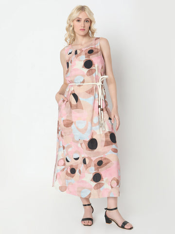 Women's Abstract Printed Sleeveless Midi Dress with Tie-Up Waist Belt