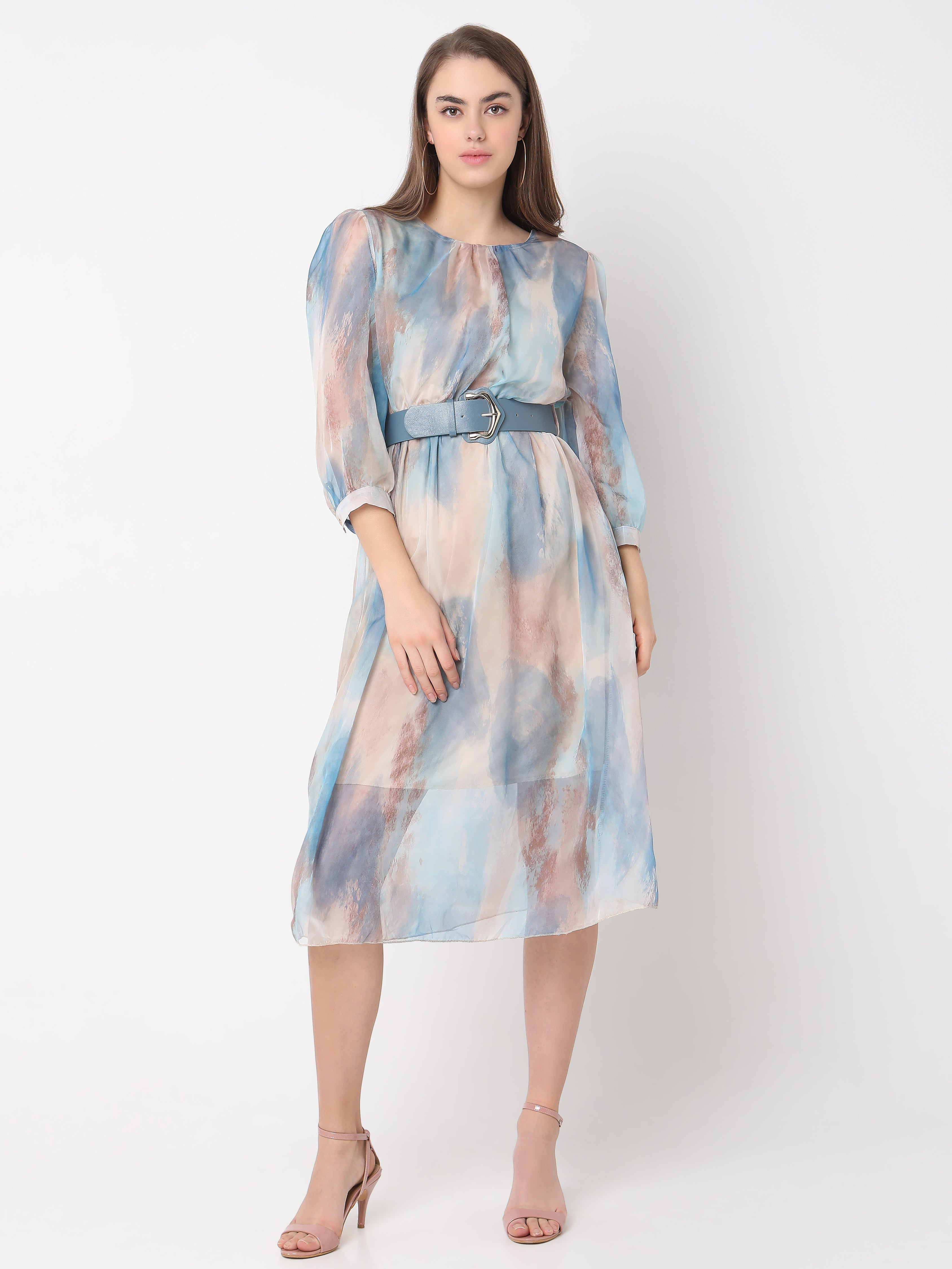 Women's Pastel Abstract Printed Sheer Midi Dress with Waist Belt