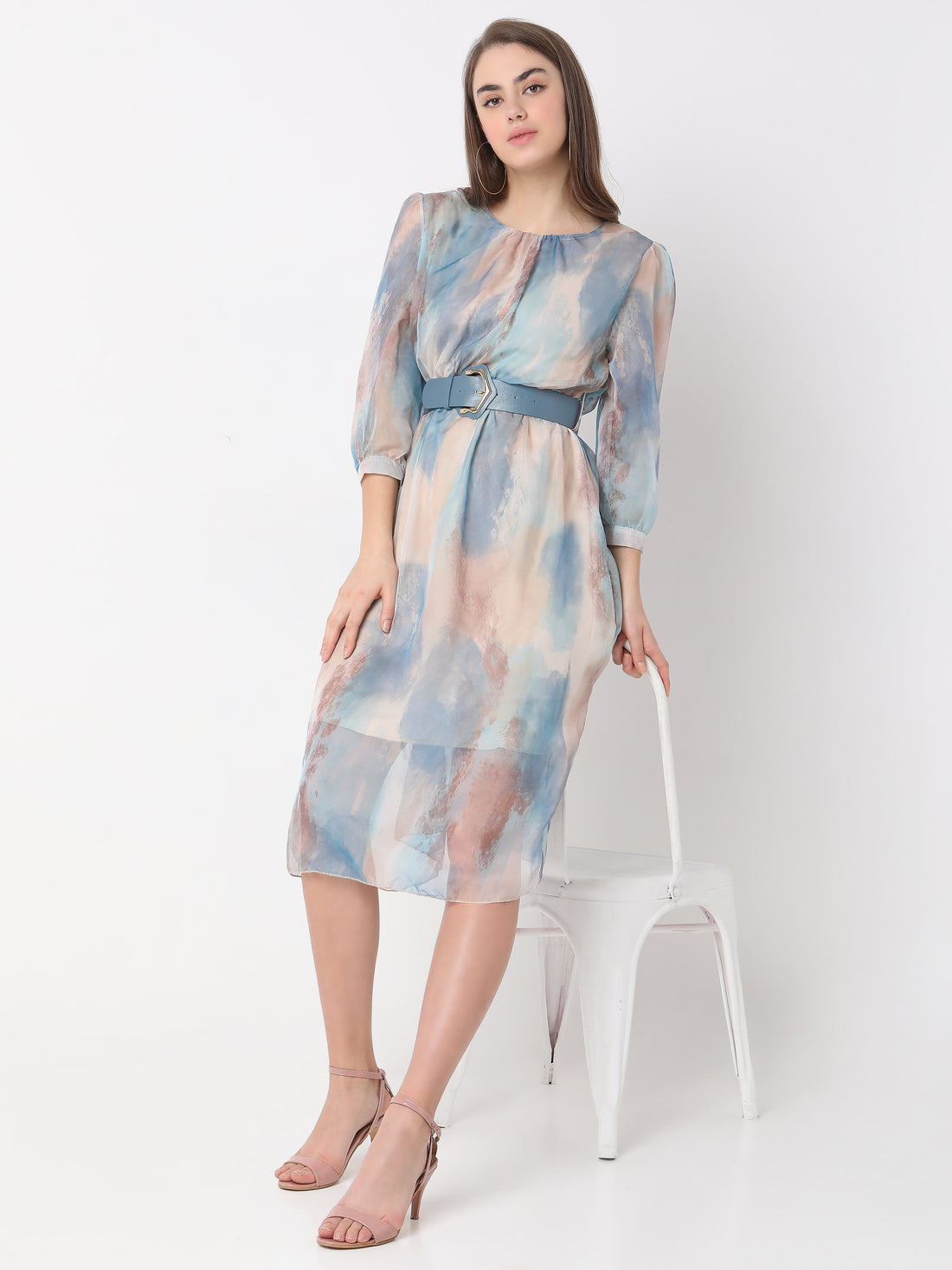 Women's Pastel Abstract Printed Sheer Midi Dress with Waist Belt