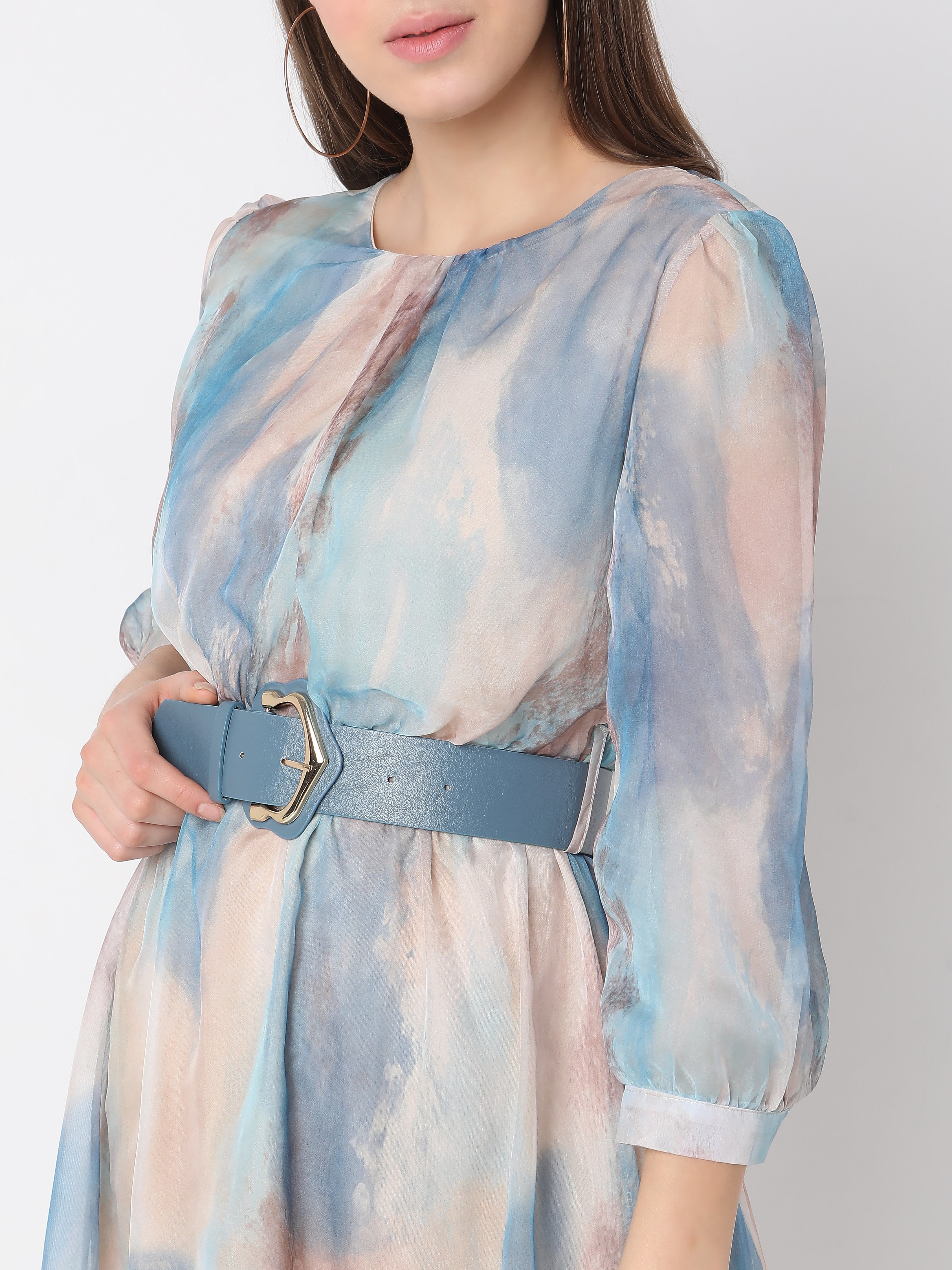 Women's Pastel Abstract Printed Sheer Midi Dress with Waist Belt