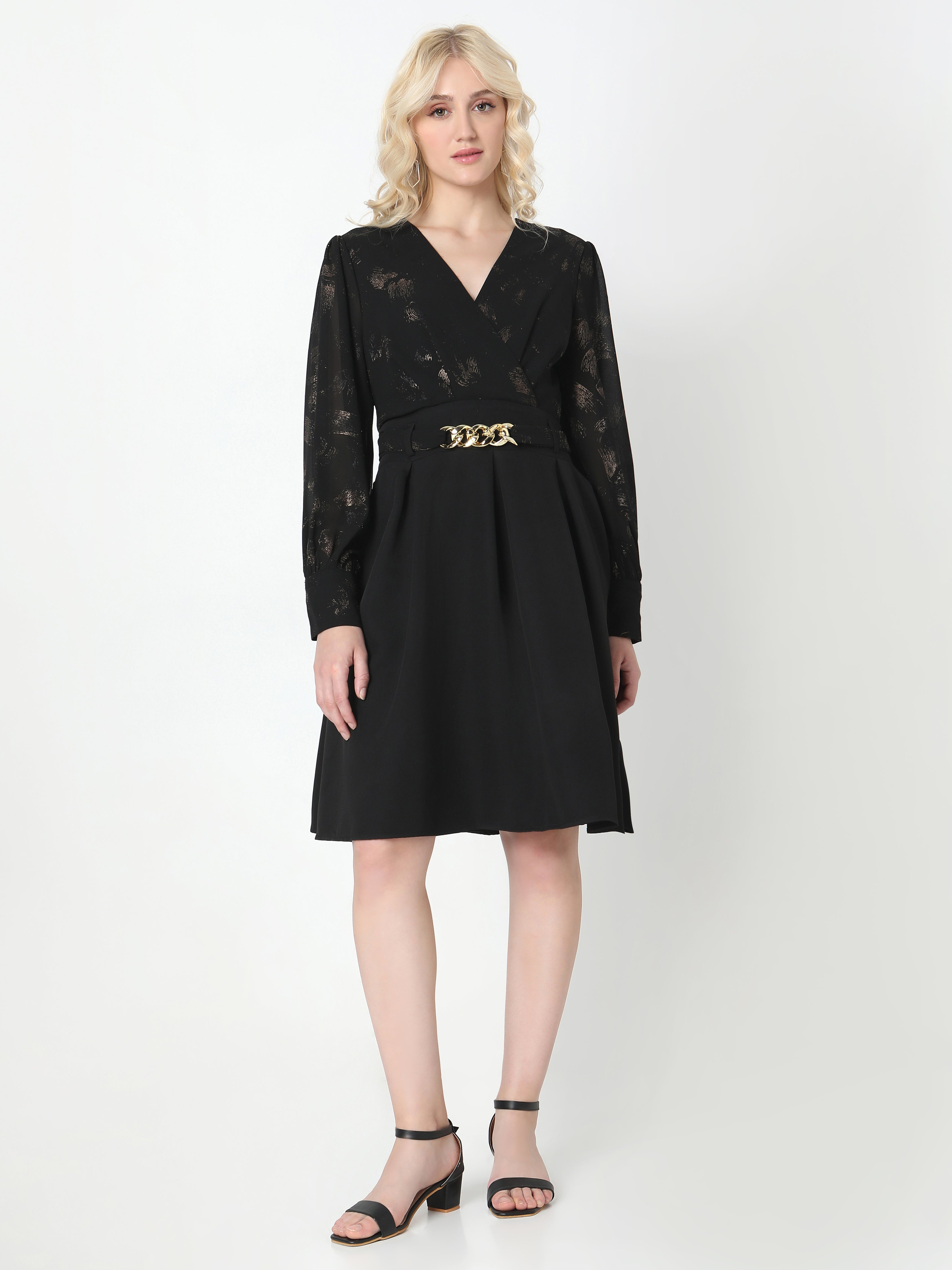 Women's Black V-Neck Fit & Flare Dress with Gold Chain Belt Detail