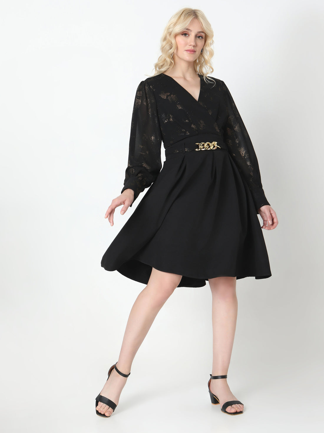 Women's Black V-Neck Fit & Flare Dress with Gold Chain Belt Detail