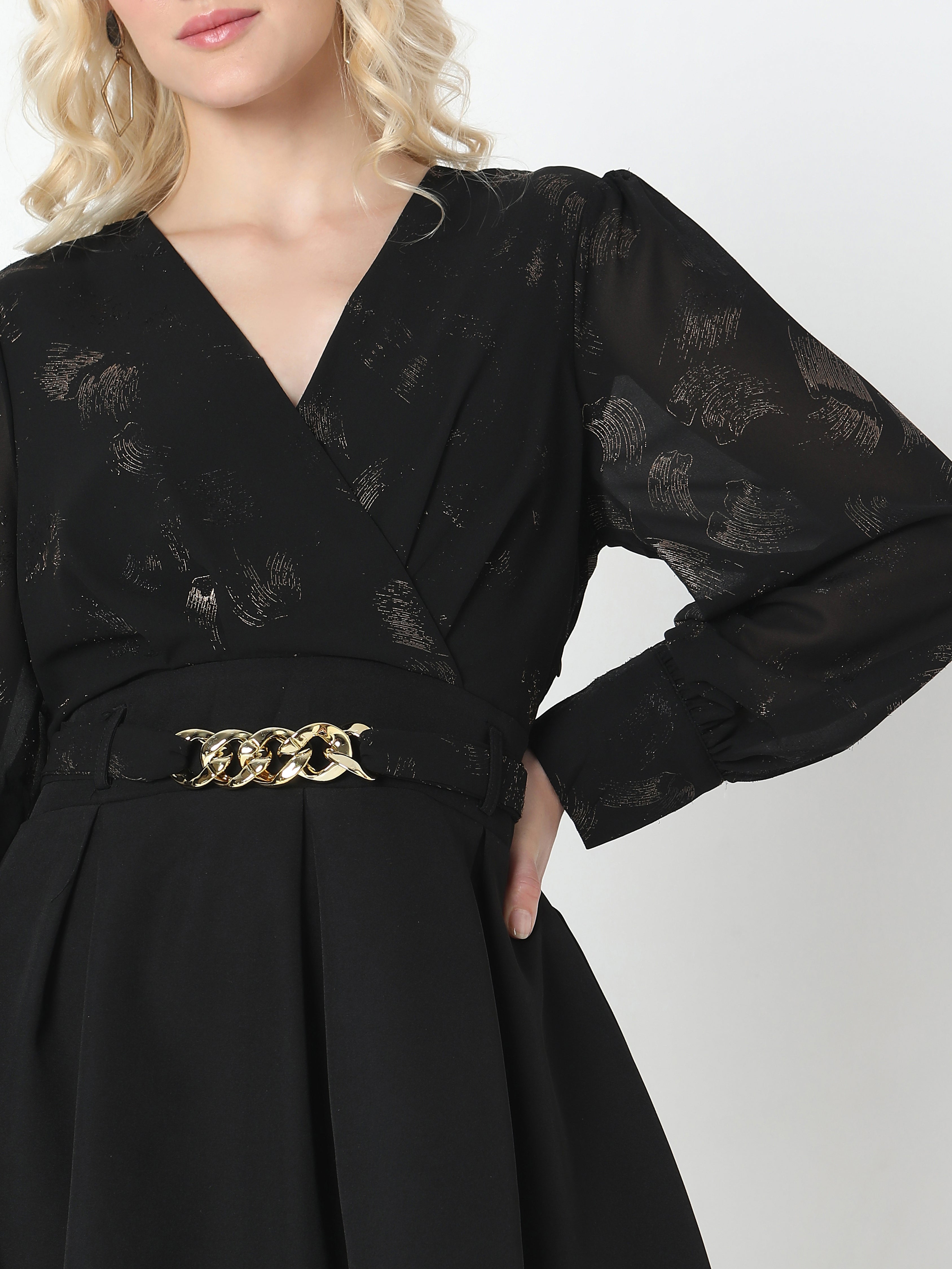 Women's Black V-Neck Fit & Flare Dress with Gold Chain Belt Detail