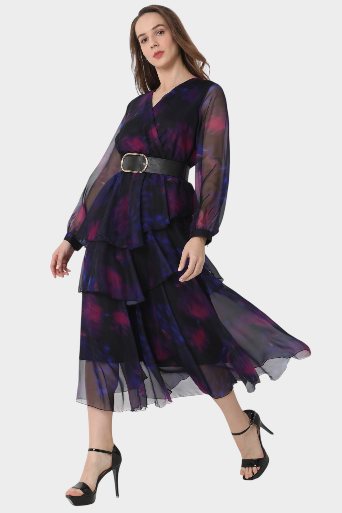 Navy Multi Printed Tiered Maxi Dress