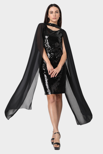 Black Sequin Cape Dress