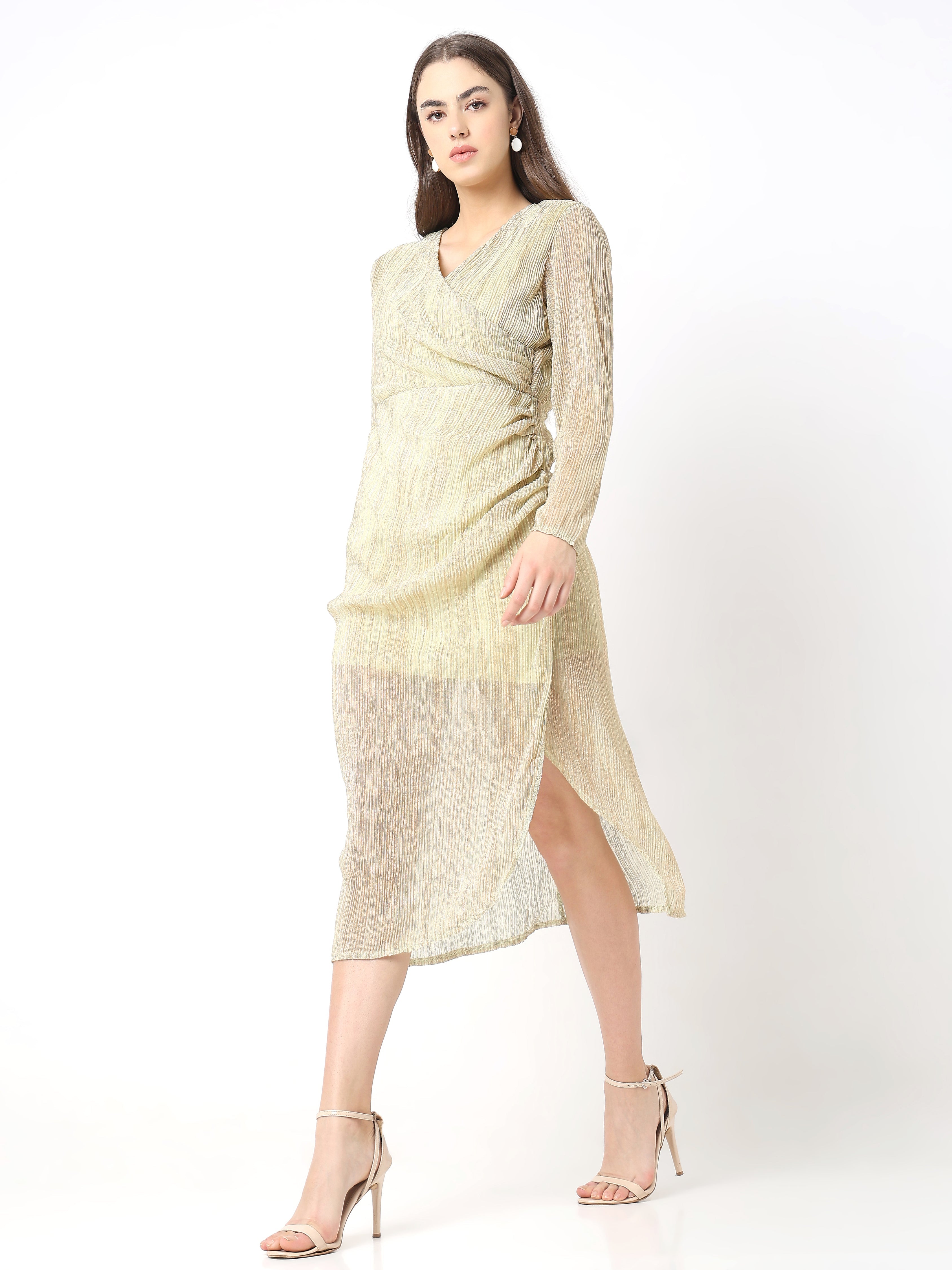 Women's Shimmer Wrap Midi Dress with Side Drape Detail