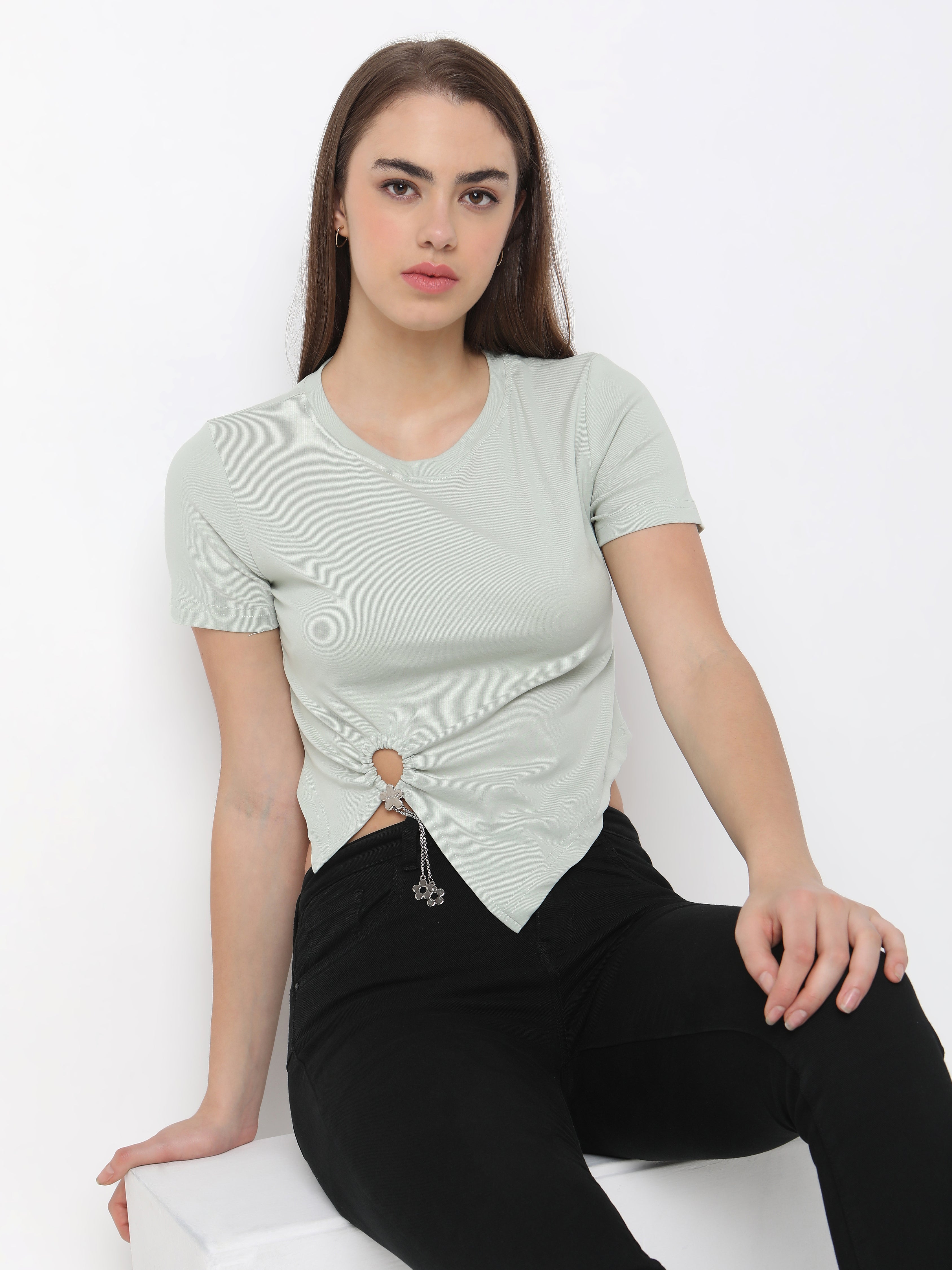 Women's Mint Green Crop Top with Floral Charm Detail