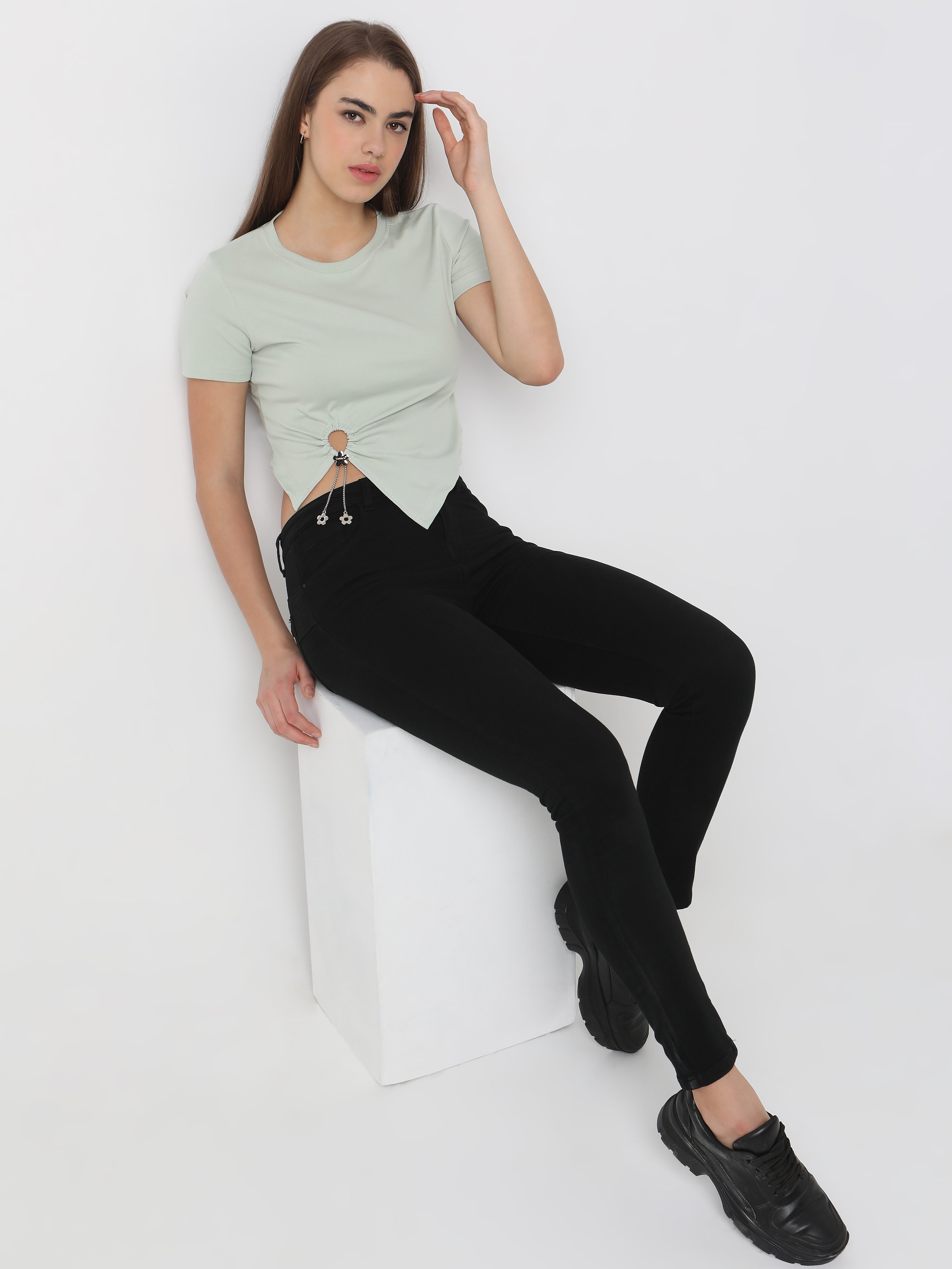 Women's Mint Green Crop Top with Floral Charm Detail