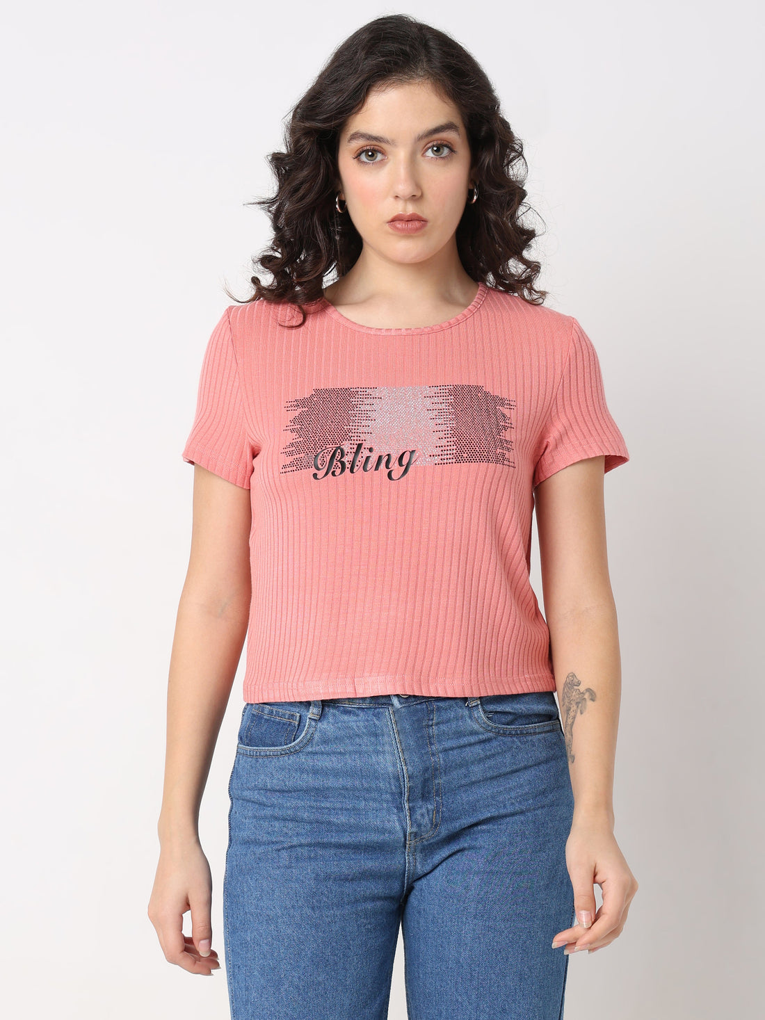 Women's Radiant Pink Ribbed Tee with Rhinestone Detail