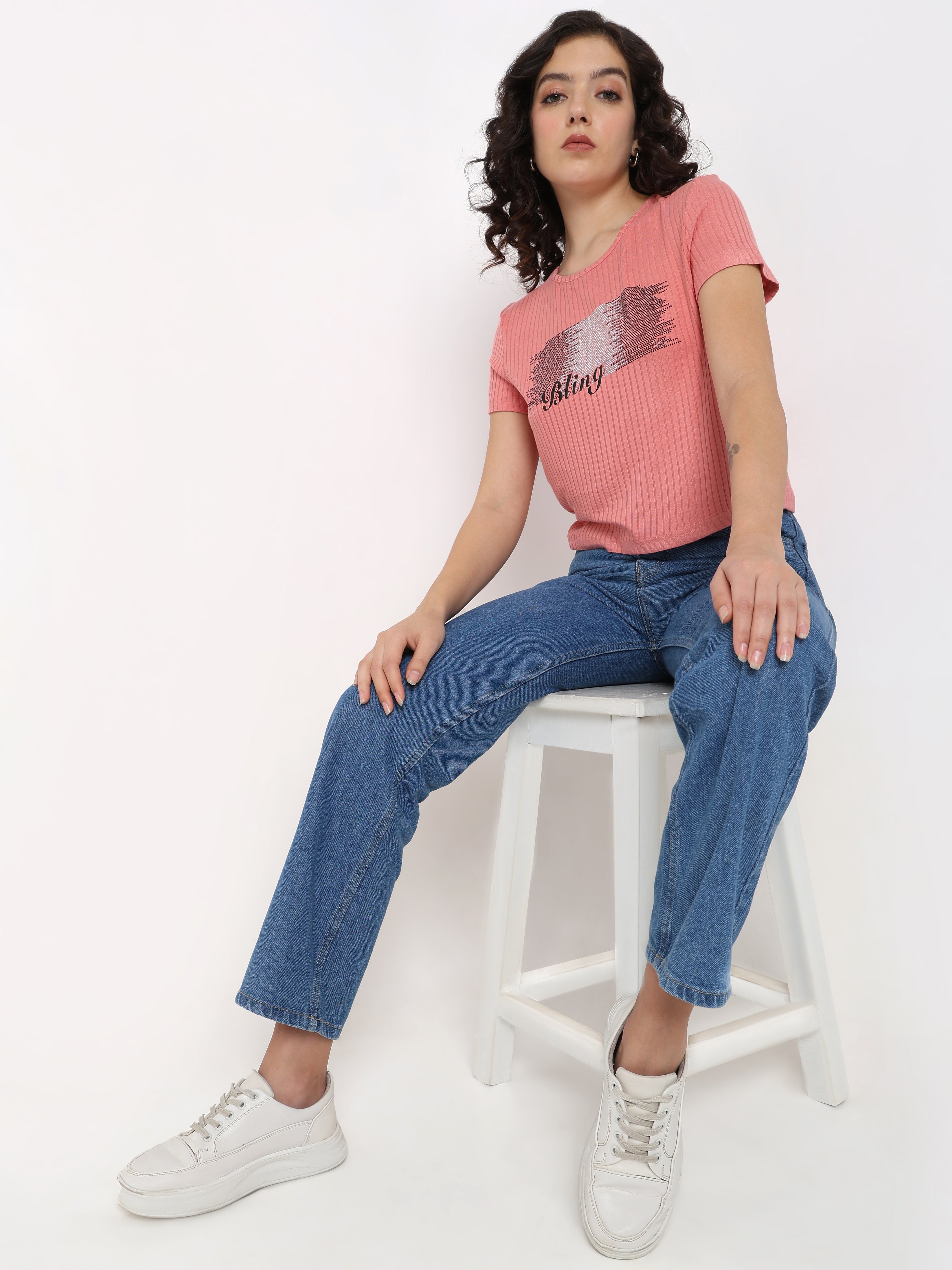 Women's Radiant Pink Ribbed Tee with Rhinestone Detail