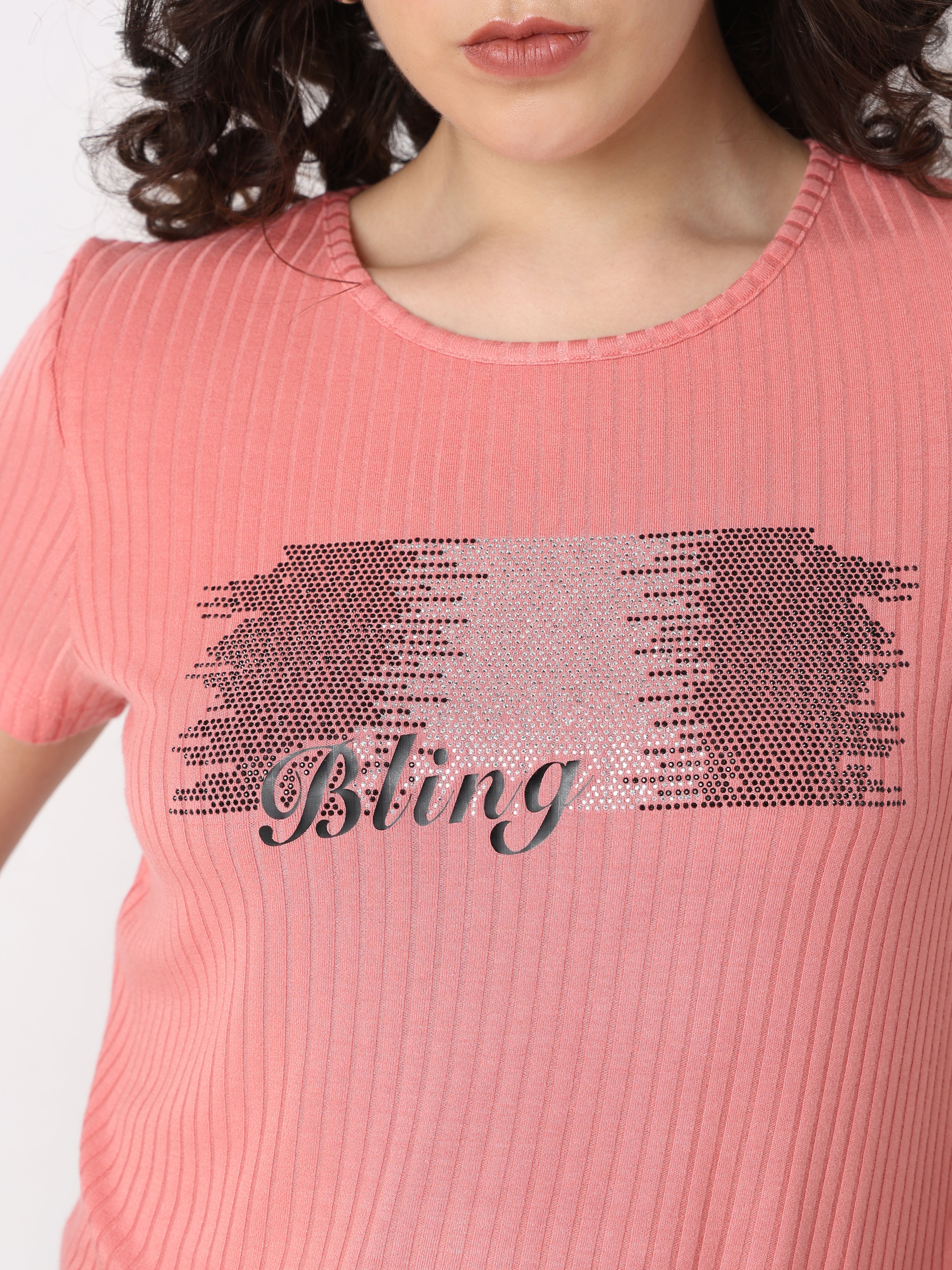Women's Radiant Pink Ribbed Tee with Rhinestone Detail