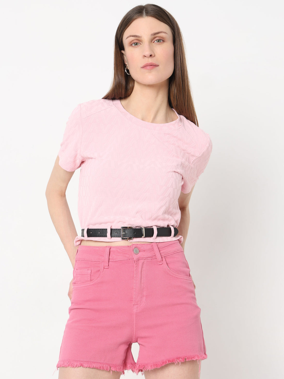 Soft Textured Crop Top with Black Belt Detail