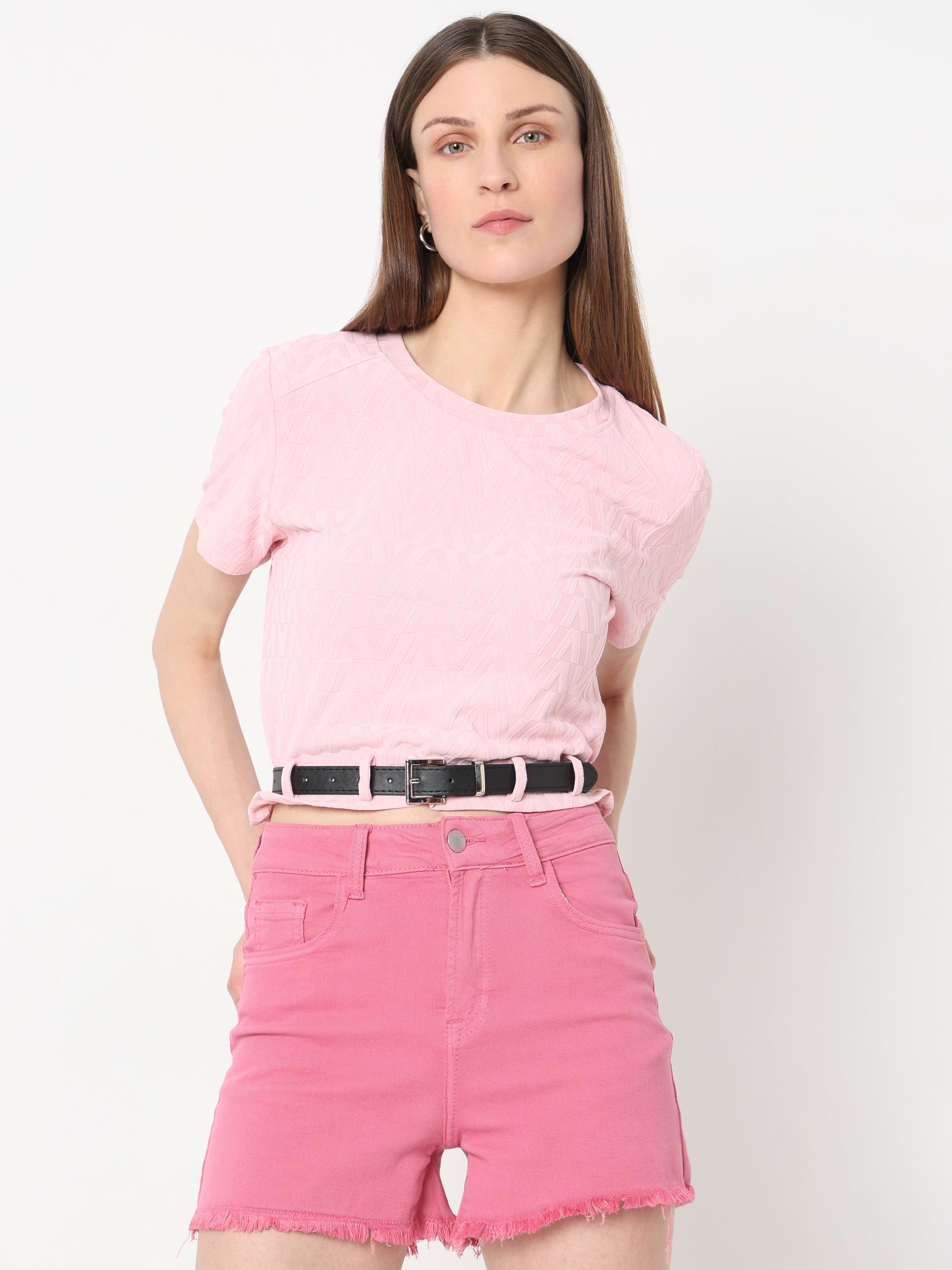Soft Textured Crop Top with Black Belt Detail