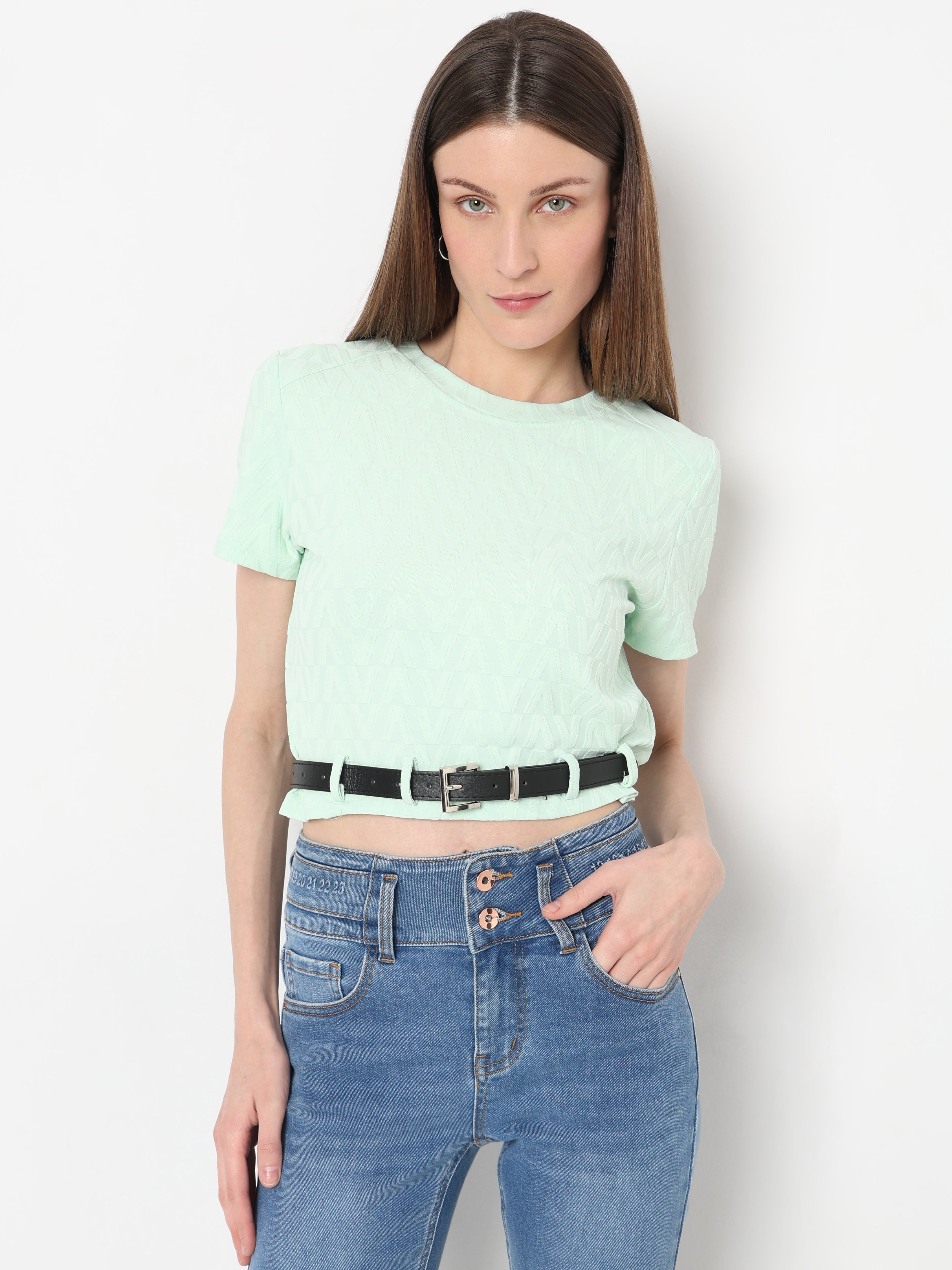 Soft Textured Crop Top with Black Belt Detail