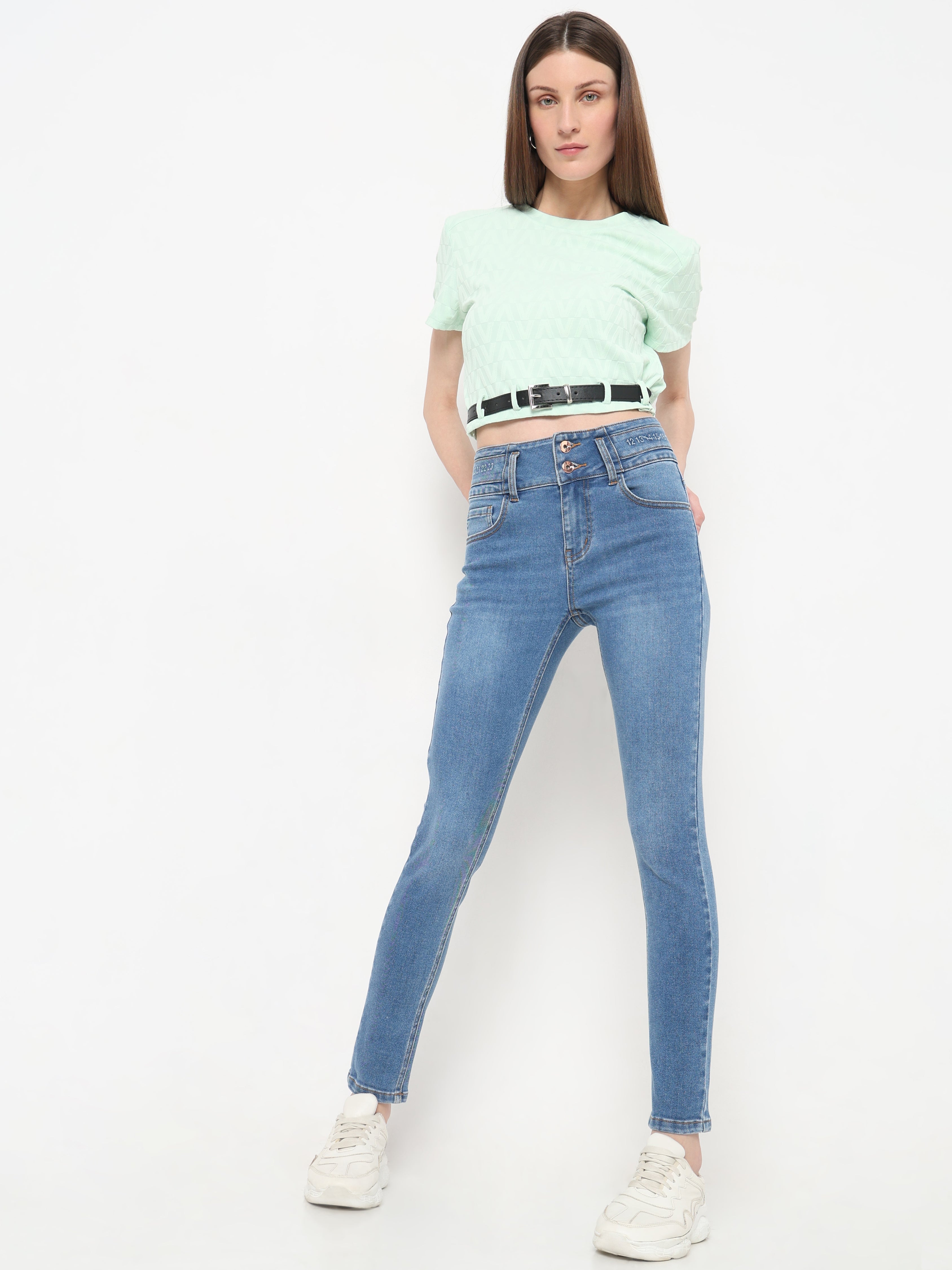 Soft Textured Crop Top with Black Belt Detail