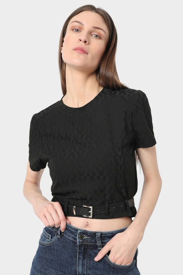 Black Belted Crop Top