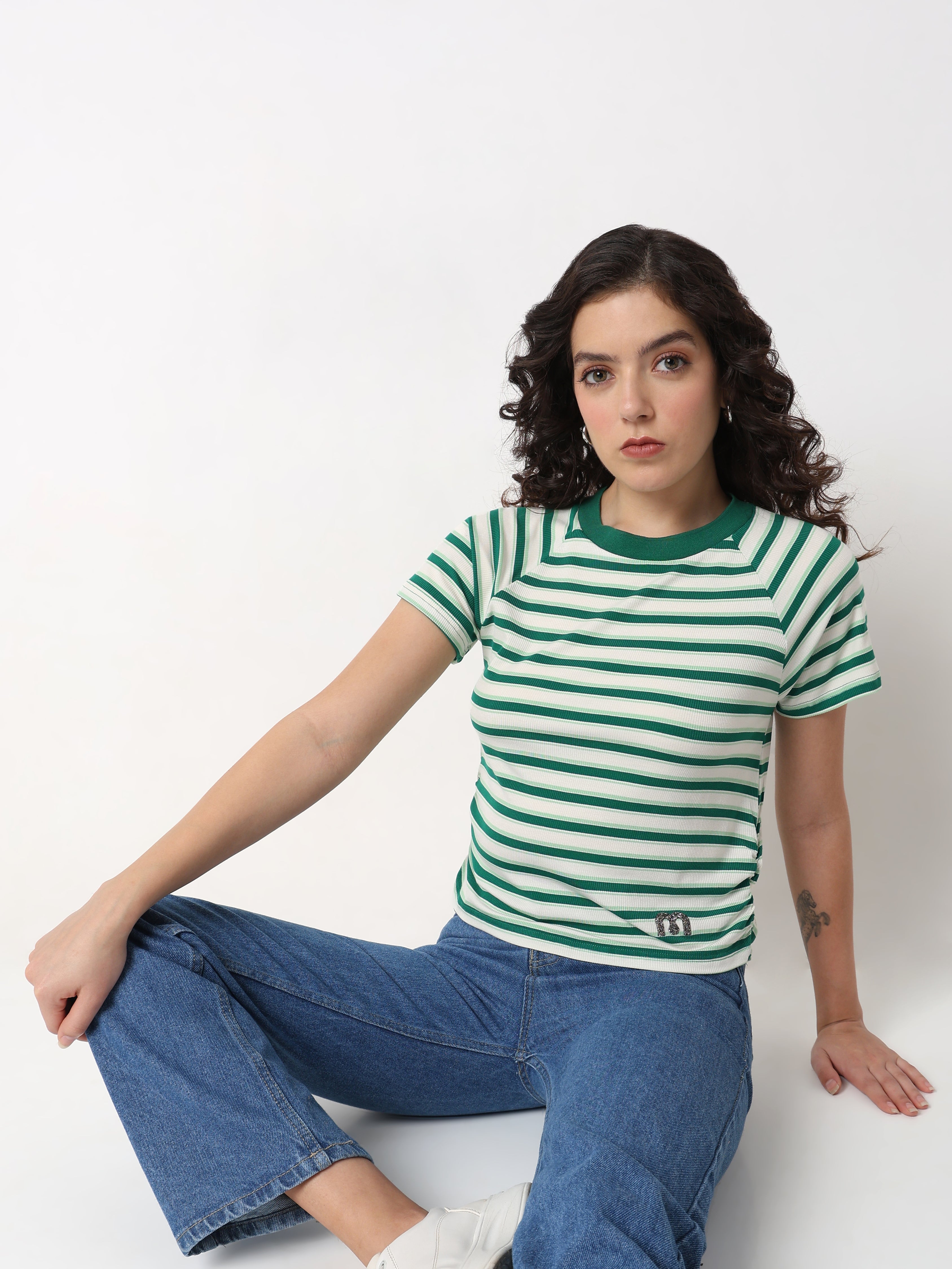 Green Striped Ribbed Top