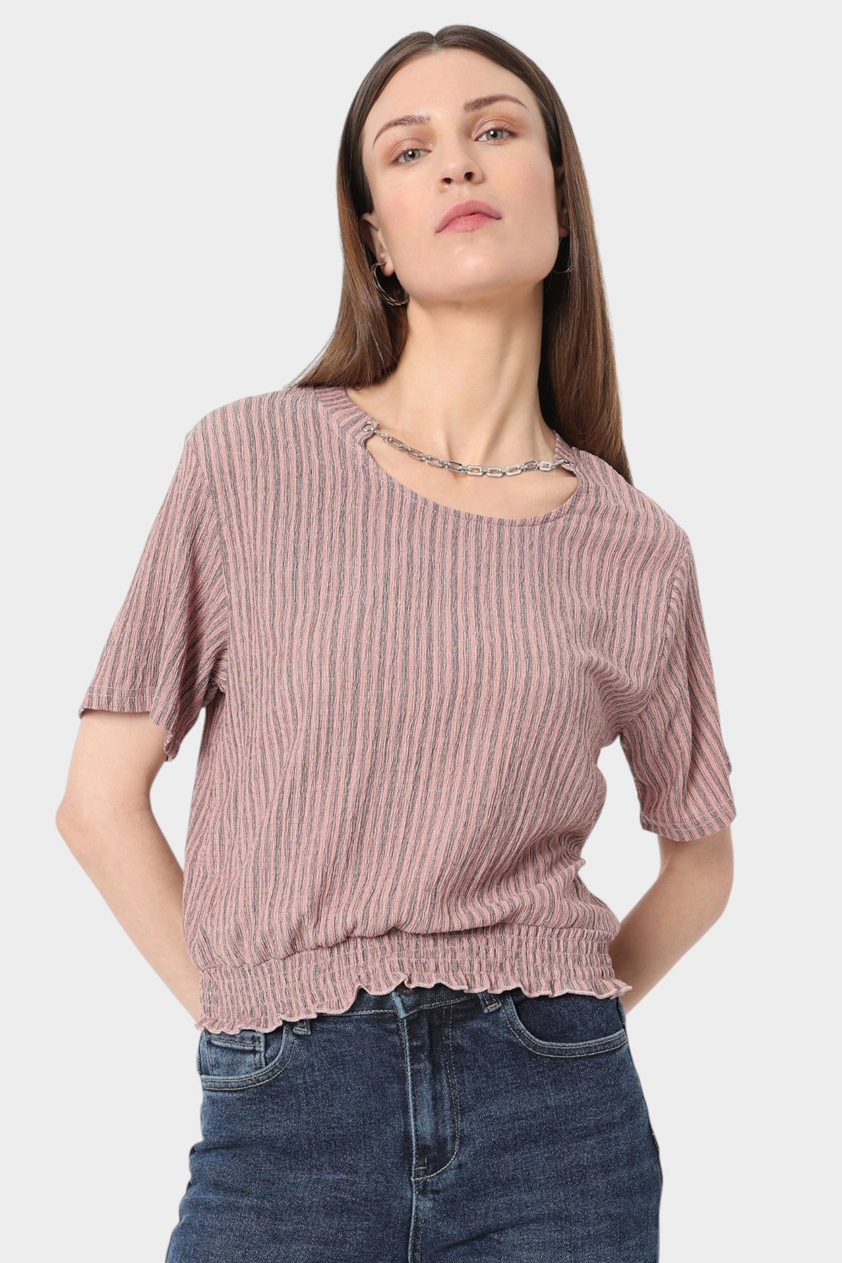 Cutout Neckline and Smocked Hem Top