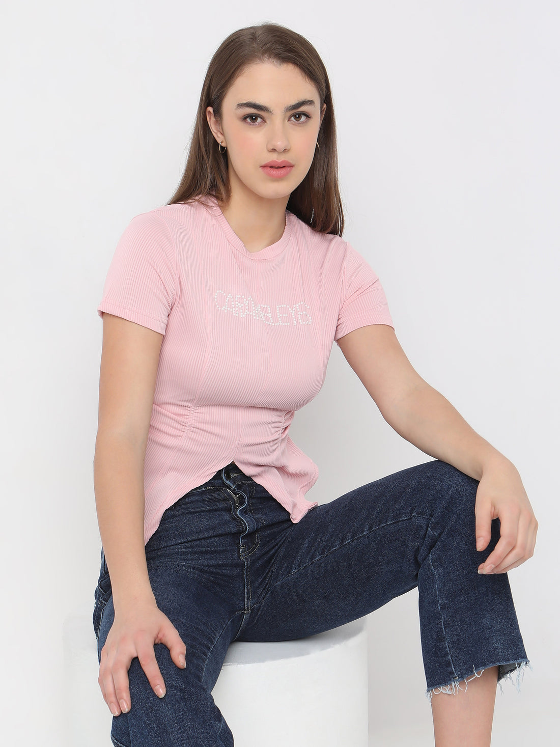 Women's Pink Ribbed Asymmetric Hem Top