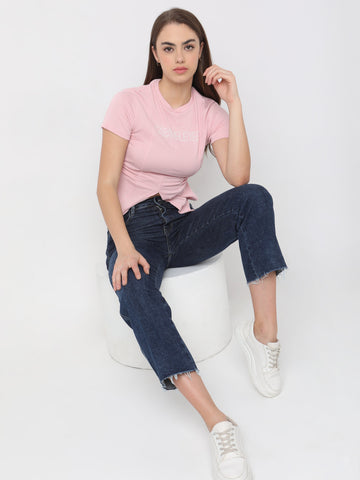 Women's Pink Ribbed Asymmetric Hem Top