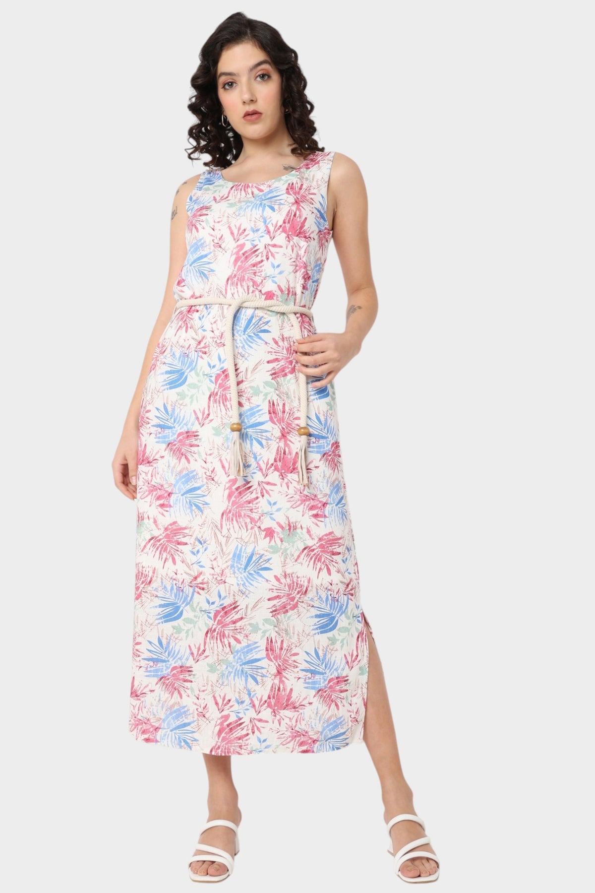 Tropical Floral Print Midi Dress with Rope Tie Belt