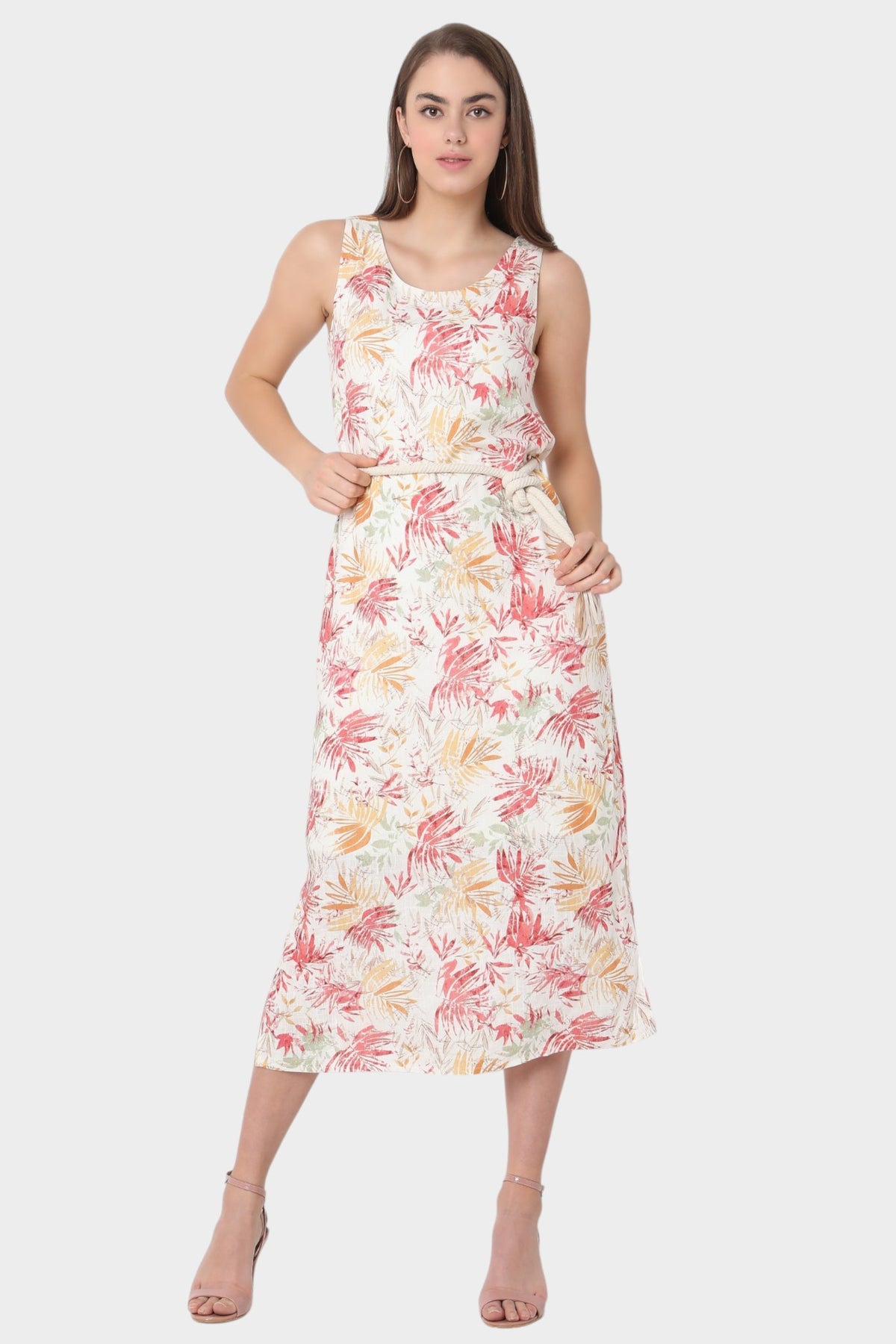 Tropical Floral Print Midi Dress with Rope Tie Belt