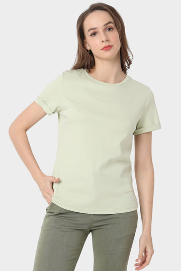 Fitted Crew Neck T-Shirt with Cuffed Sleeves