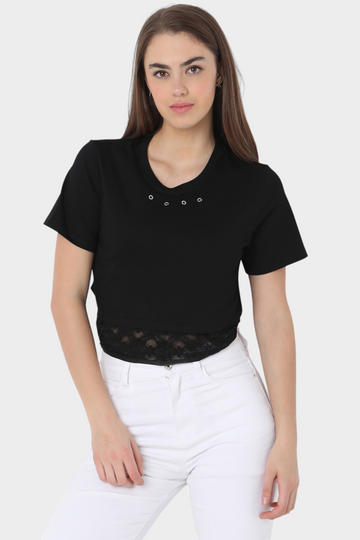 Eyelet Detail and Lace Trim Hem Crop Top