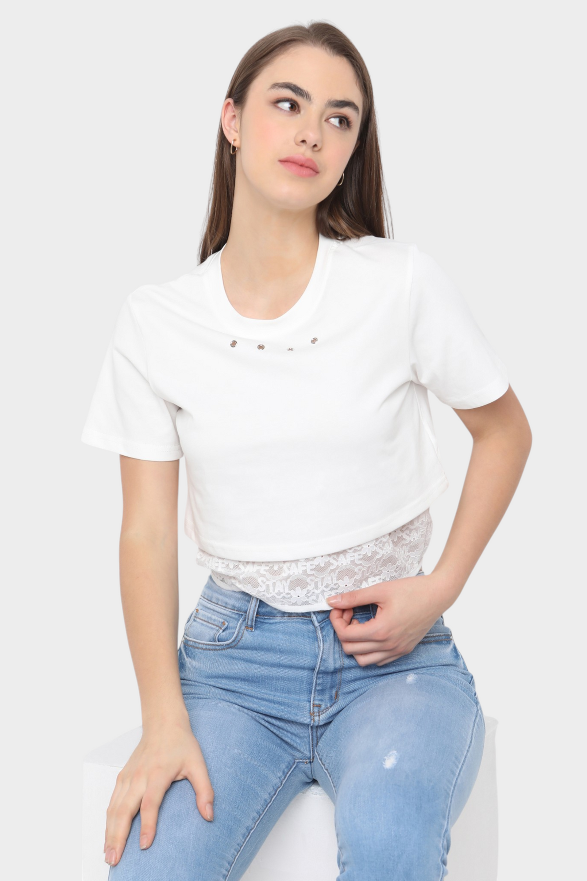 Eyelet Detail and Lace Trim Hem Crop Top