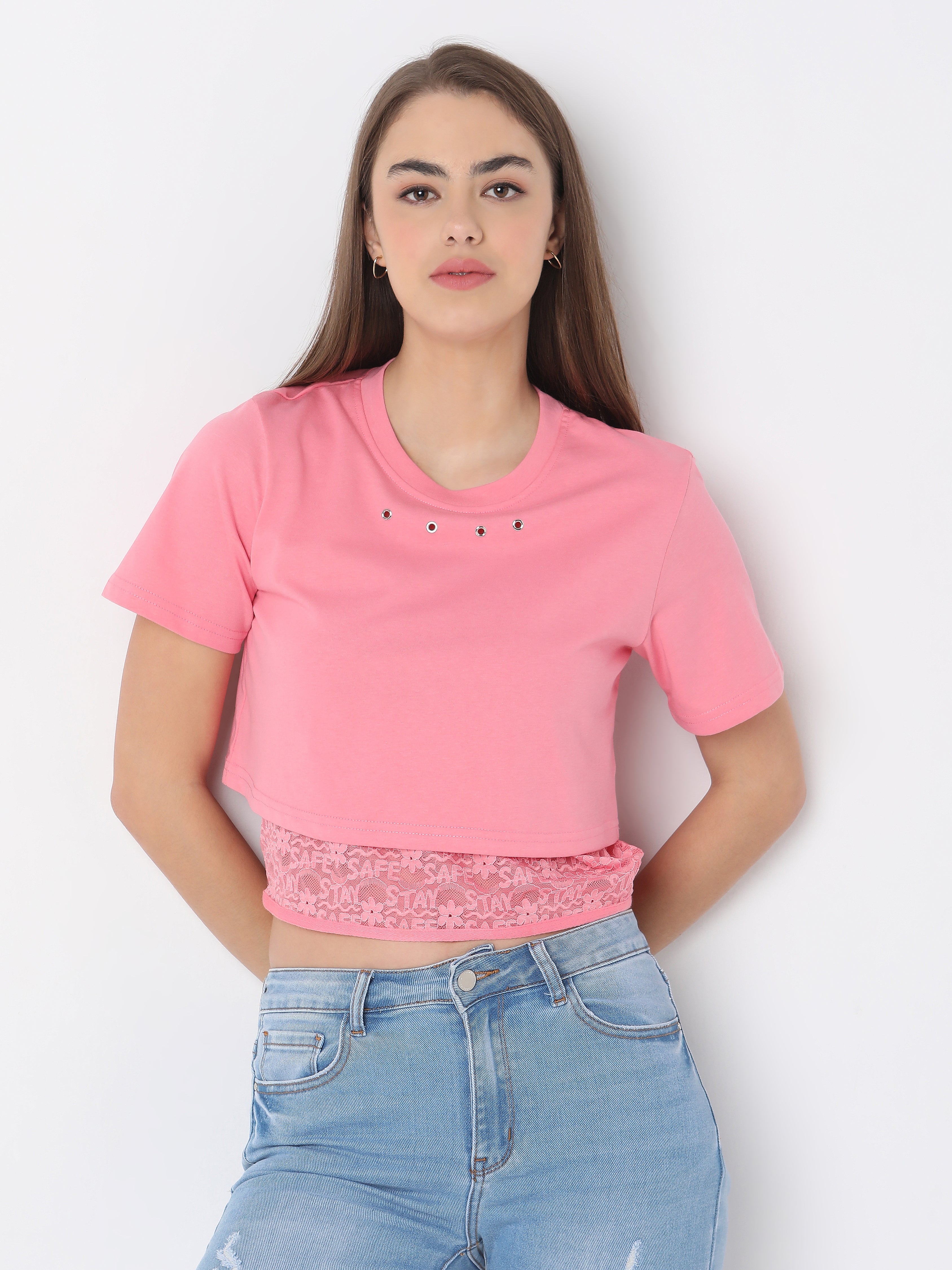 Trendy Pink Crop Top with Lace Hem