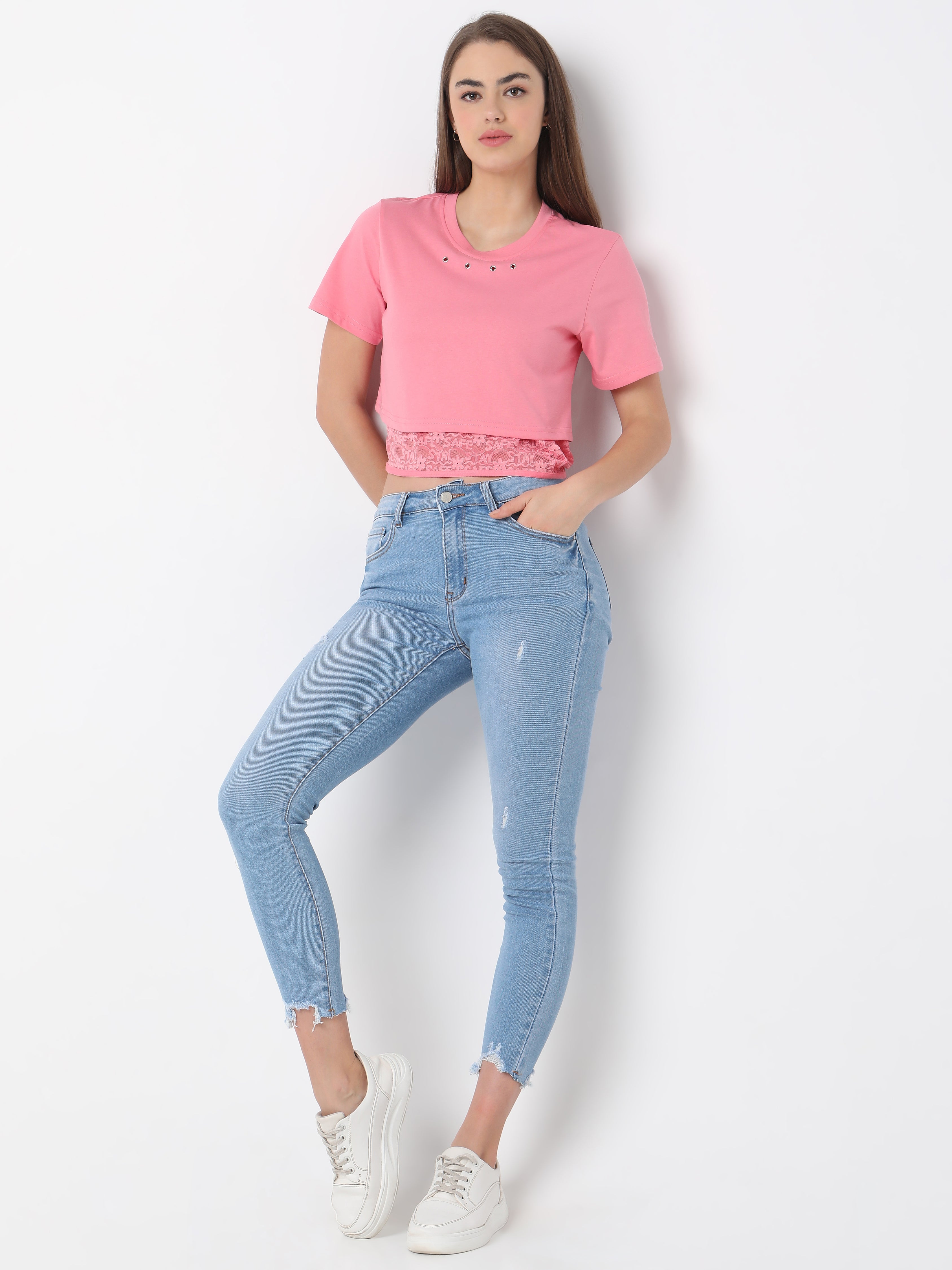 Trendy Pink Crop Top with Lace Hem