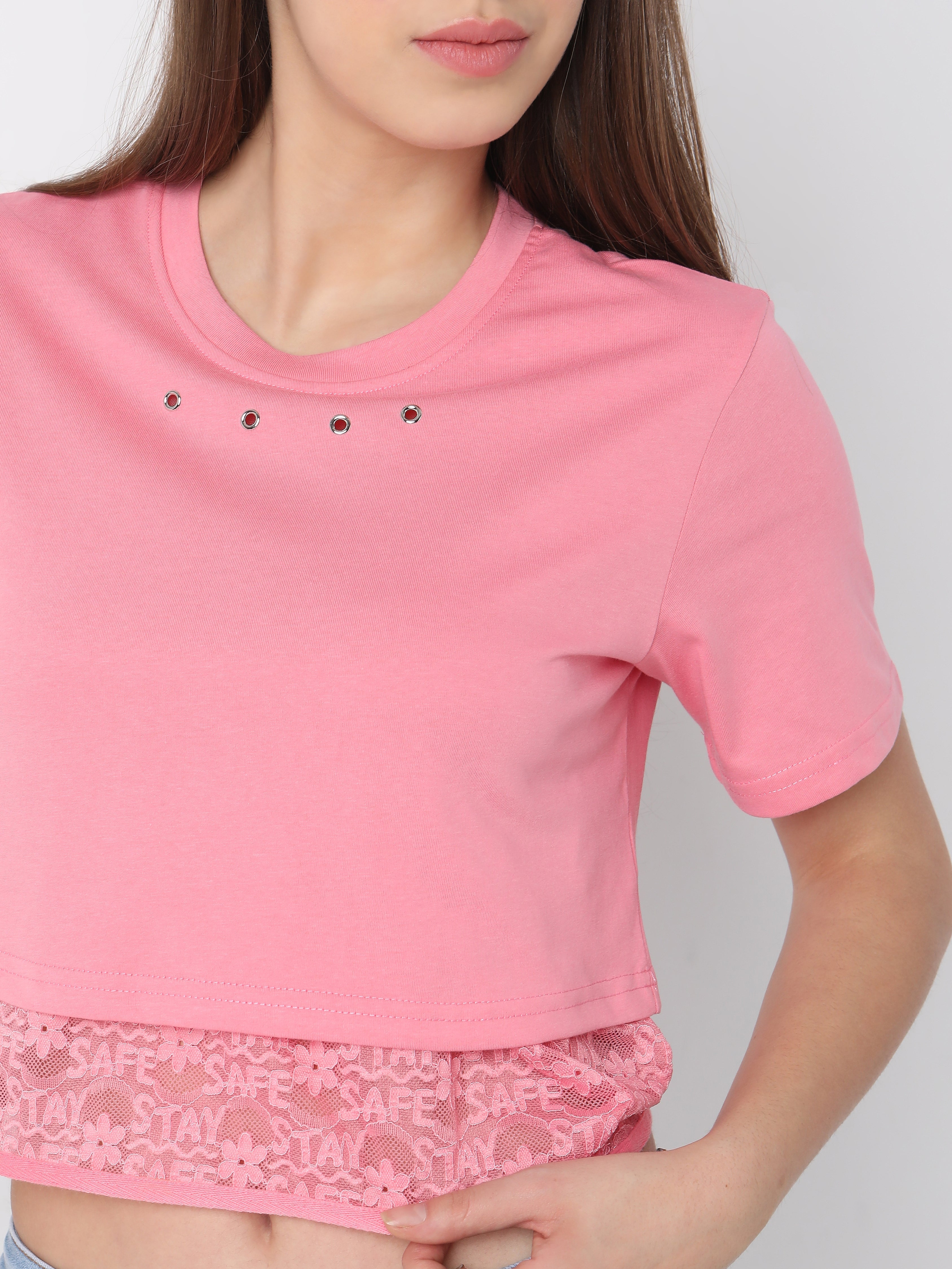 Trendy Pink Crop Top with Lace Hem