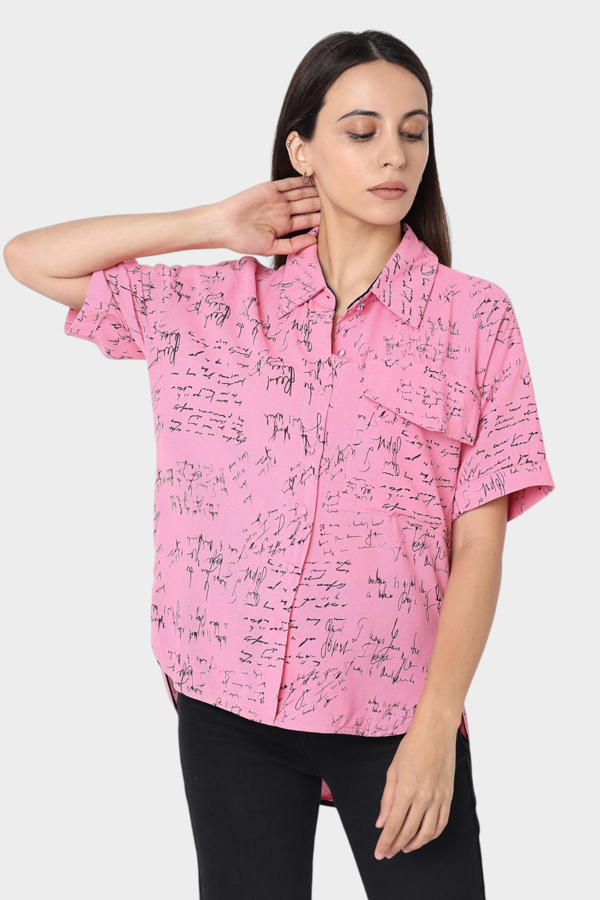 Script Print Shirt with Chest Pockets