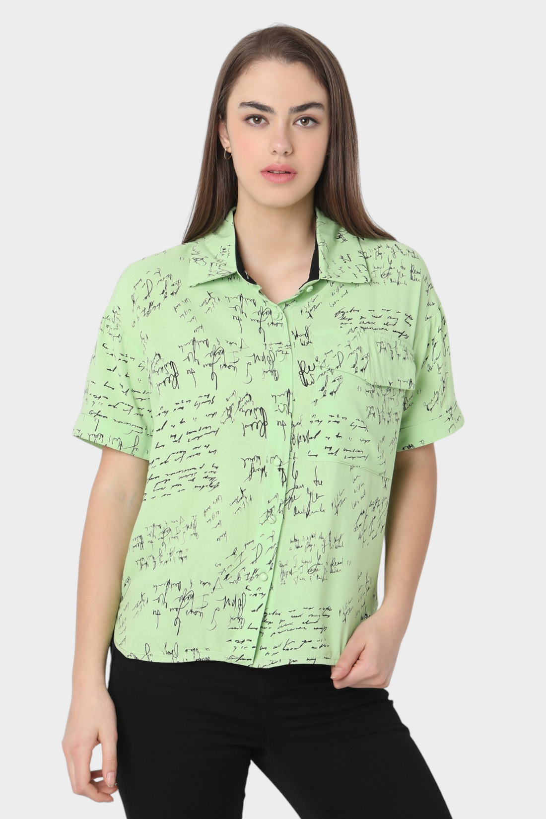 Script Print Shirt with Chest Pockets