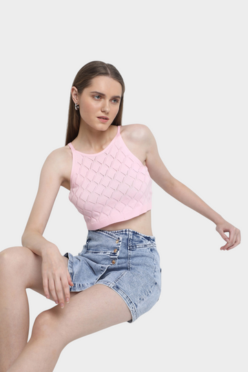 Pointelle Knit Halter Crop Top