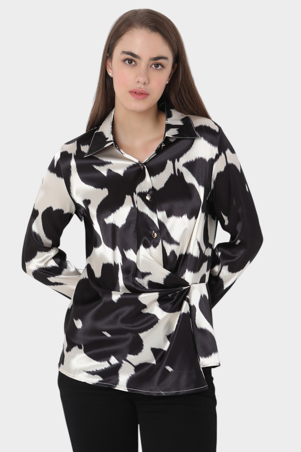 Abstract Print Satin Twist-Front Shirt